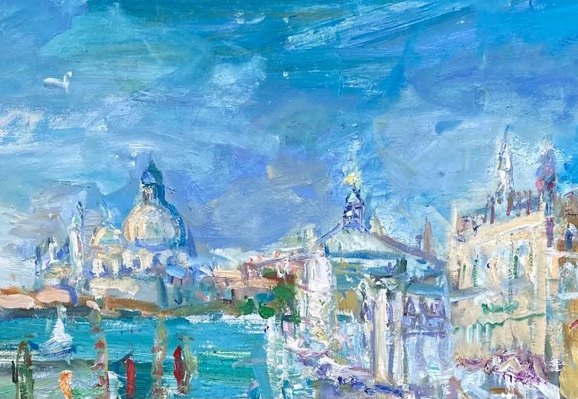 Excitement abounds in this original abstract expressionist marine landscape about the timeless, sinking, celebrated city universally known as Venice!  The shades of blue of the sea is what legends are made of,  and when coupled with the abstract and