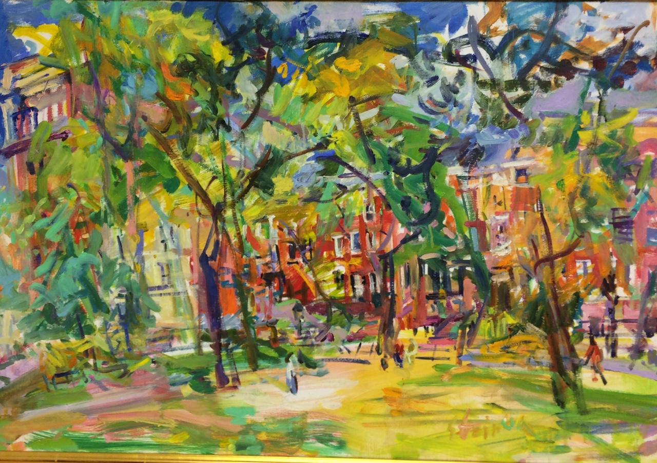 Washington Square Park, NYC original 32x48 post impressionist landscape - Painting by Sonia Grineva