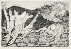 "Ascent to Heaven" Gravure à la pointe sèche d'expressionnisme abstrait avec figures dansantes