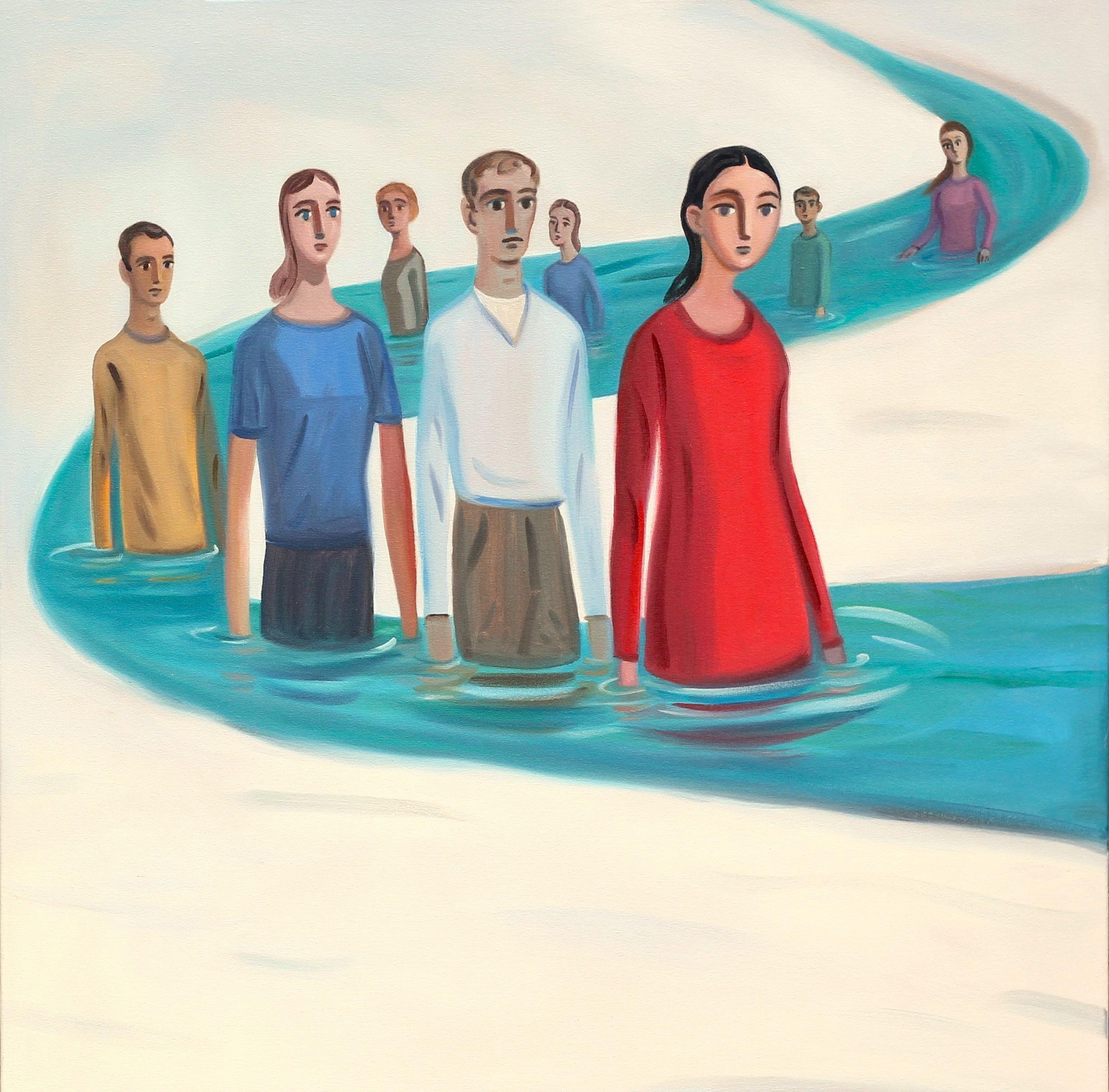 Sonia Martin Figurative Painting - EXILES  Oil on canvas, figurative, imaginary, figures in a river