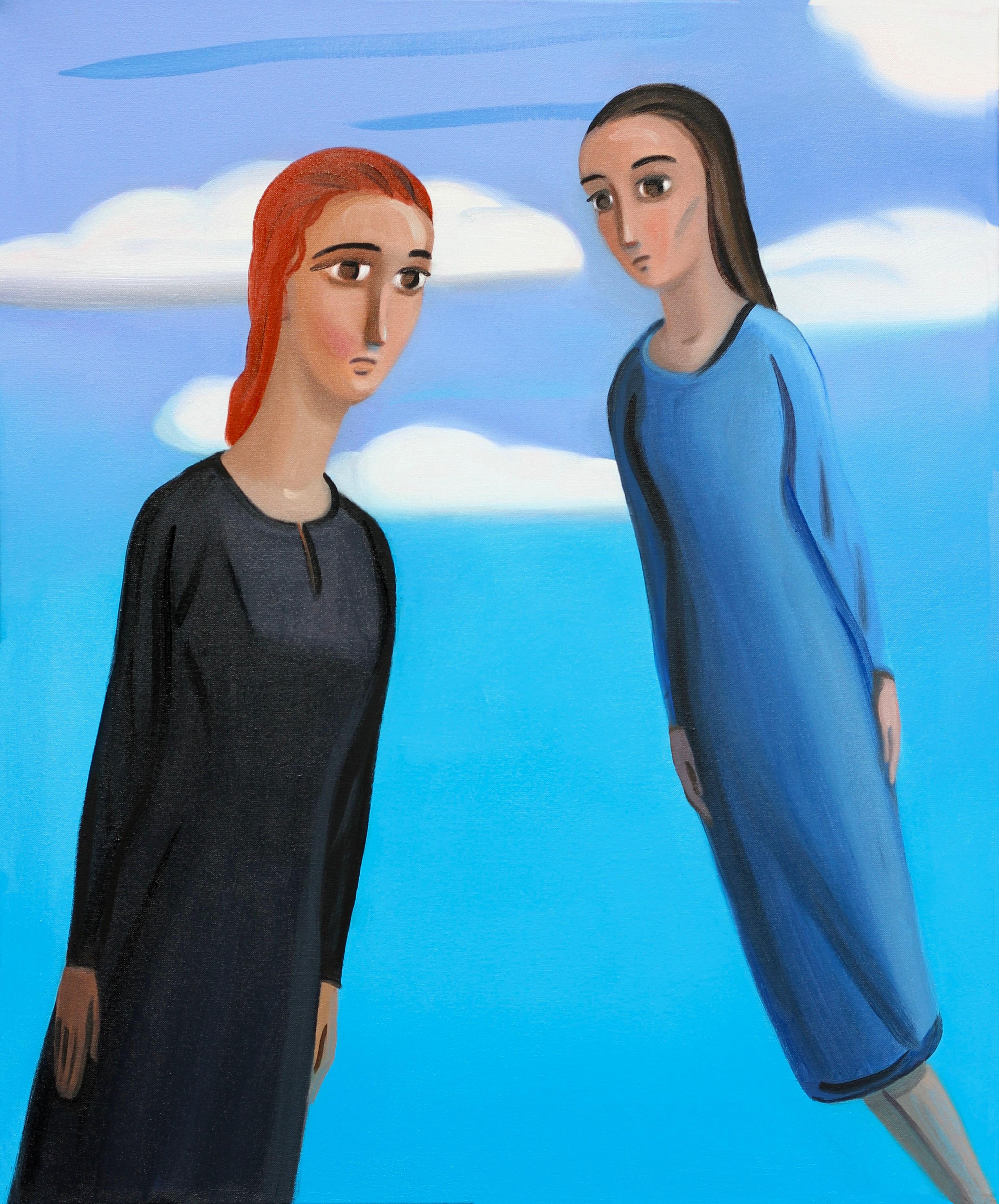 Figurative Painting Sonia Martin - FLYING HIGH Huile sur toile, contemporain, figuratif, nuages, personnages, bleu