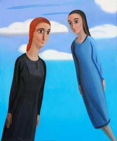 FLYING HIGH Oil on canvas, contemporary, figurative, clouds, figures, blue