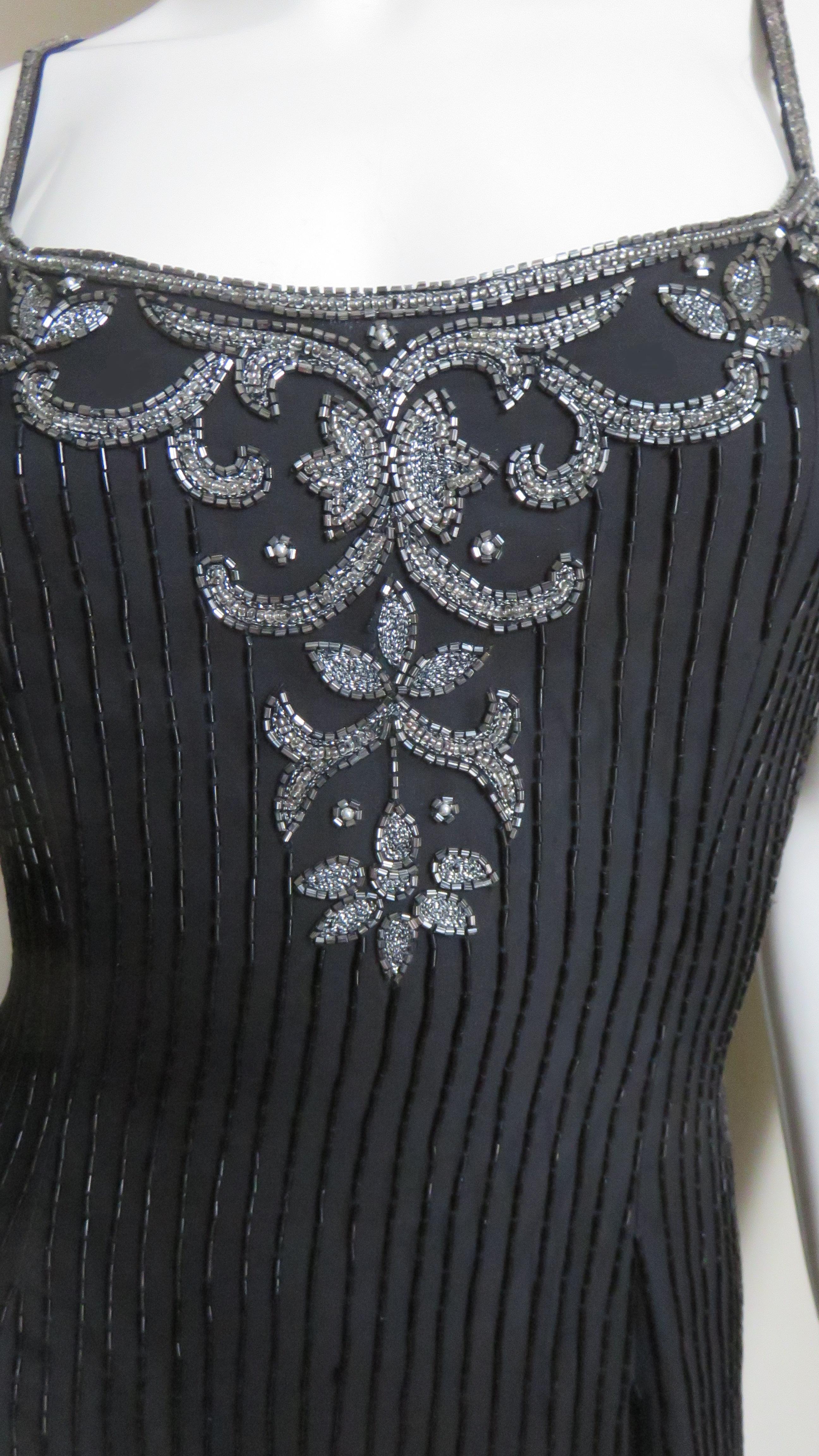 Black Sonia Rykiel Silk Beaded Gown with Elaborate Sheer Back 1990s For Sale