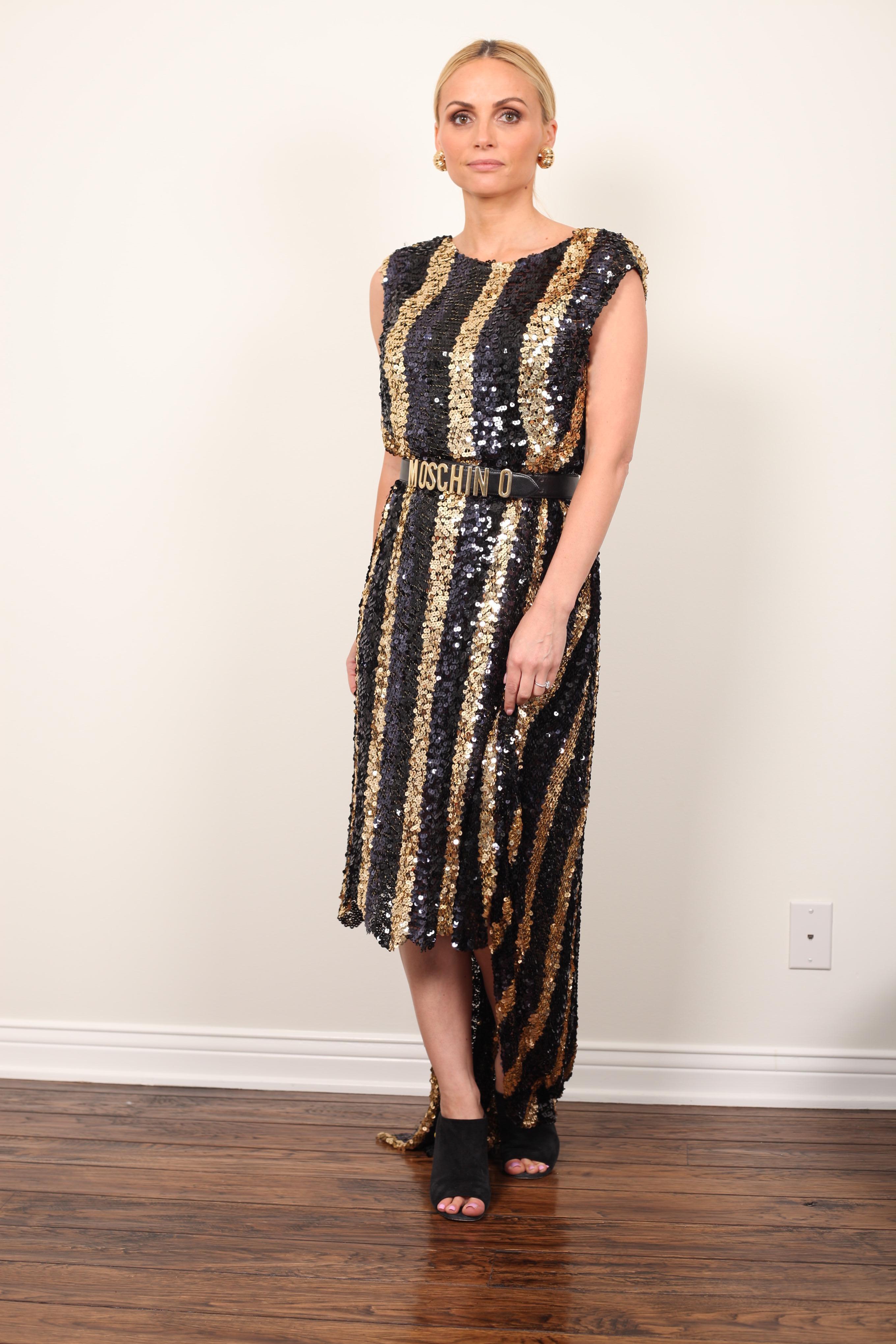 Sonia Rykiel Black and Gold Sequin High Low Stripe Dress For Sale 5