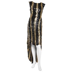 Sonia Rykiel Black and Gold Sequin High Low Stripe Dress