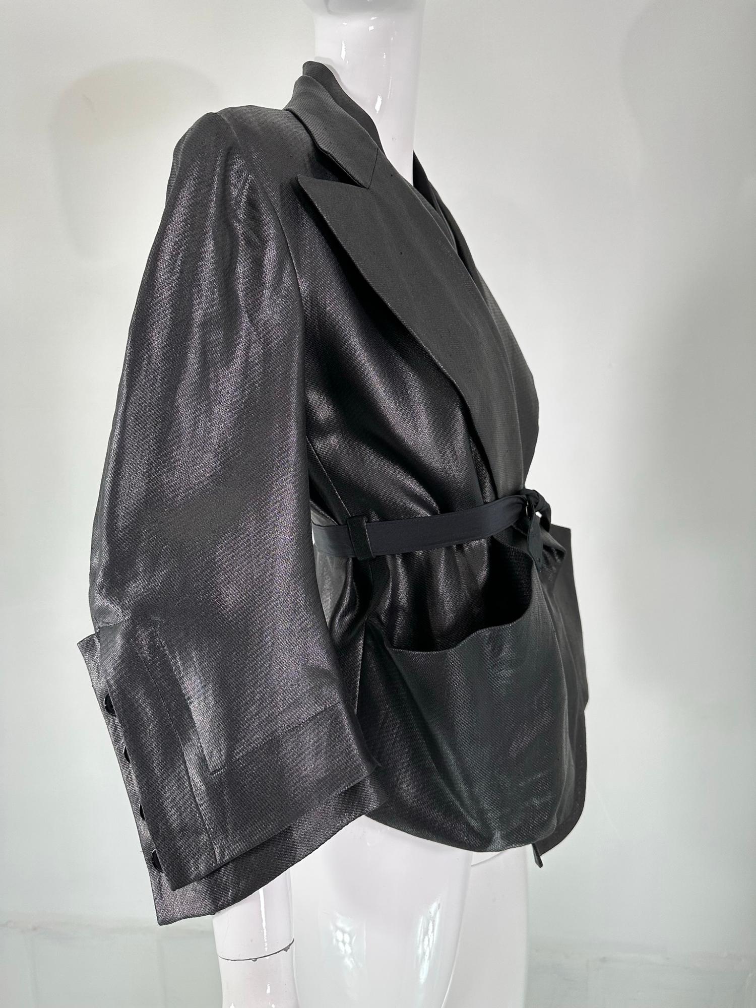 Sonia Rykiel Black Glazed Linen Big Pocket Button Facing Belted Cropped Jacket For Sale 6