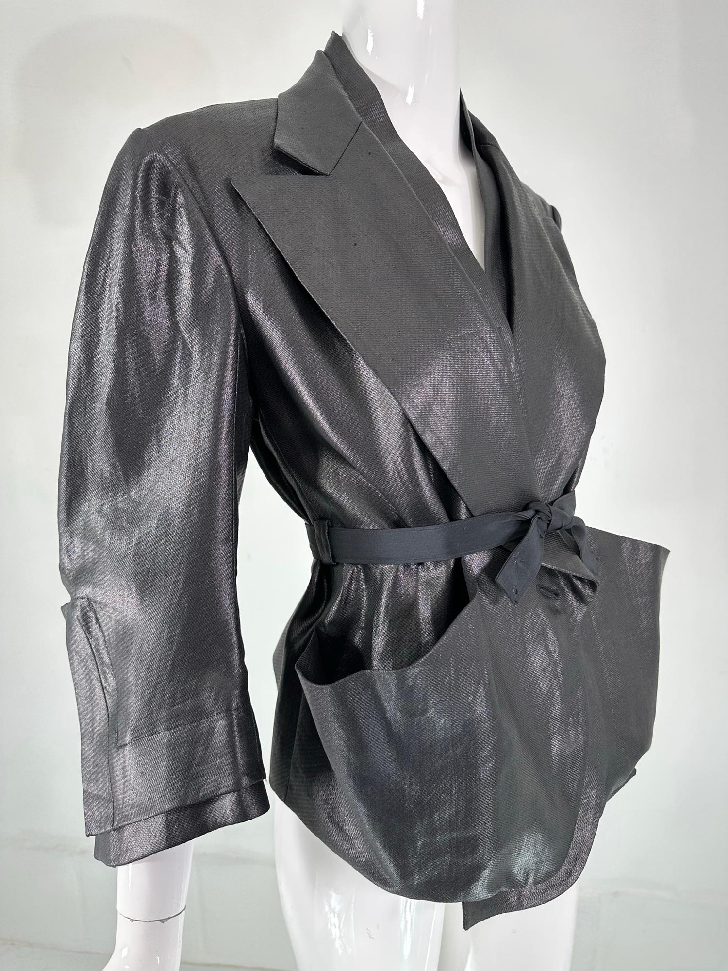 Sonia Rykiel Black Glazed Linen Big Pocket Button Facing Belted Cropped Jacket For Sale 7