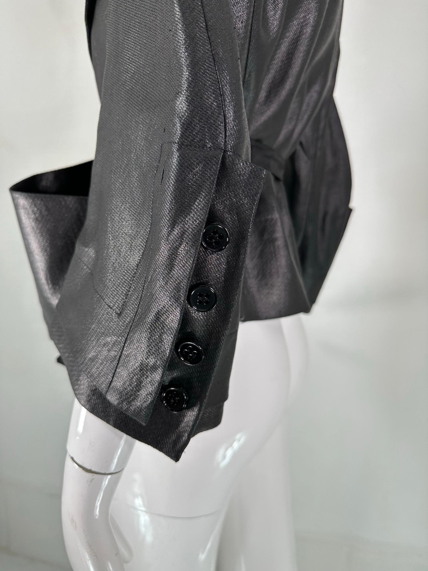 Sonia Rykiel Black Glazed Linen Big Pocket Button Facing Belted Cropped Jacket For Sale 8