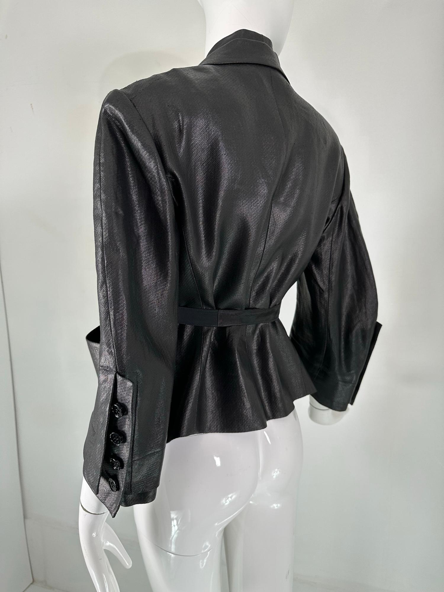 Sonia Rykiel Black Glazed Linen Big Pocket Button Facing Belted Cropped Jacket For Sale 9