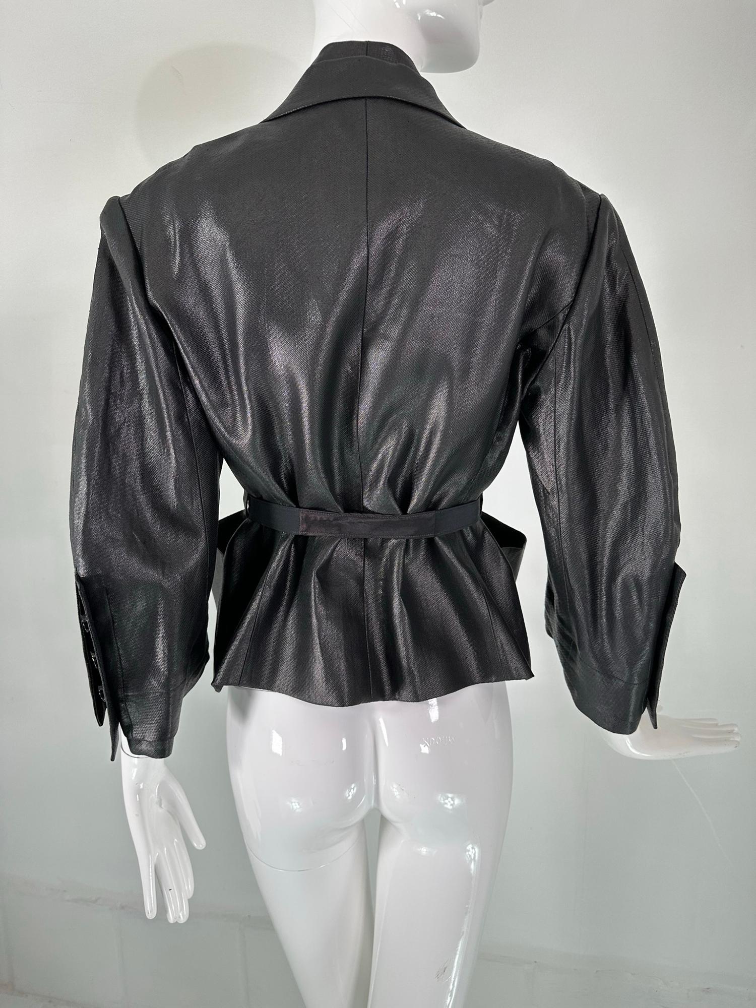 Sonia Rykiel Black Glazed Linen Big Pocket Button Facing Belted Cropped Jacket en vente 9