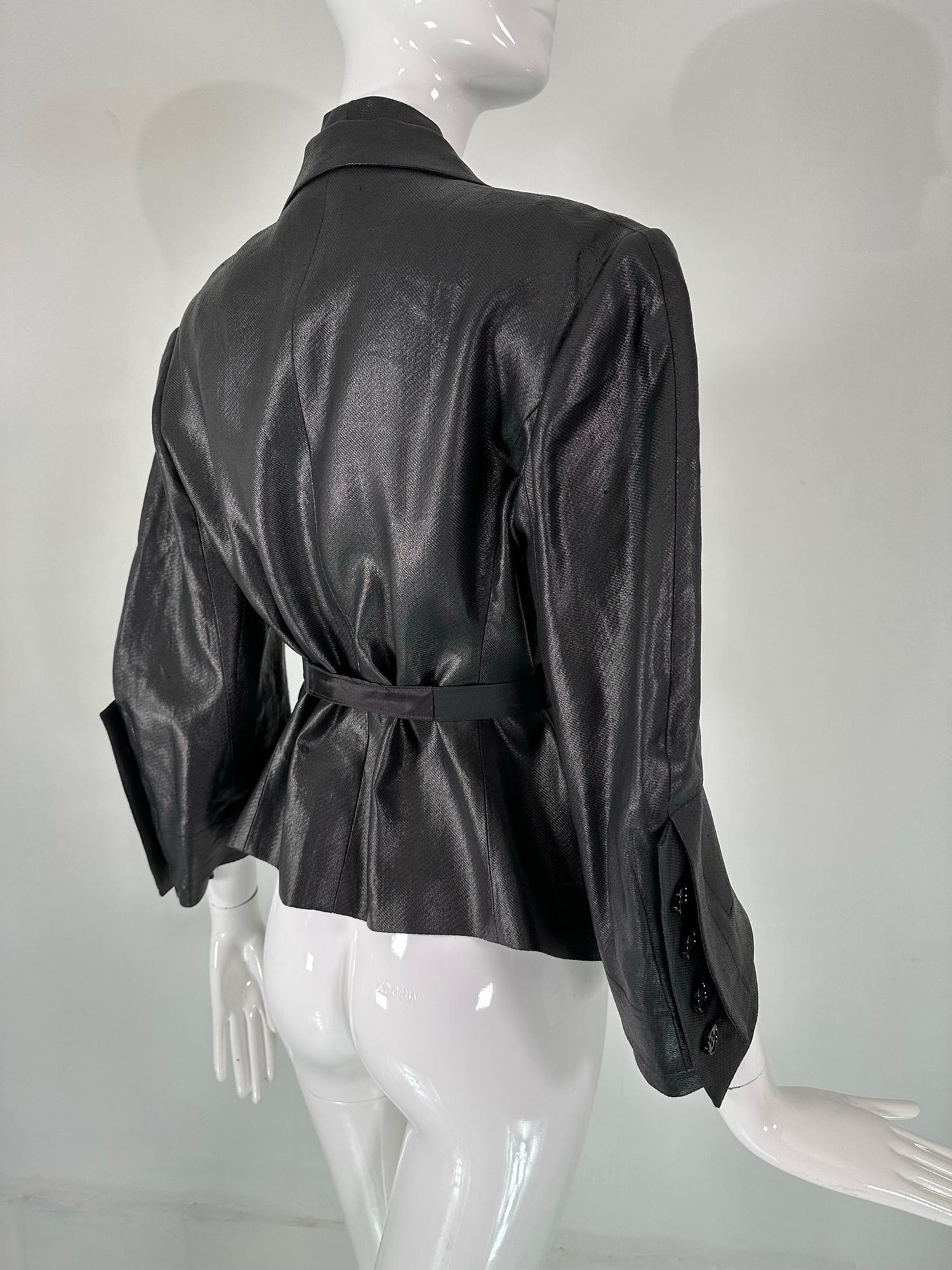 Sonia Rykiel Black Glazed Linen Big Pocket Button Facing Belted Cropped Jacket For Sale 11