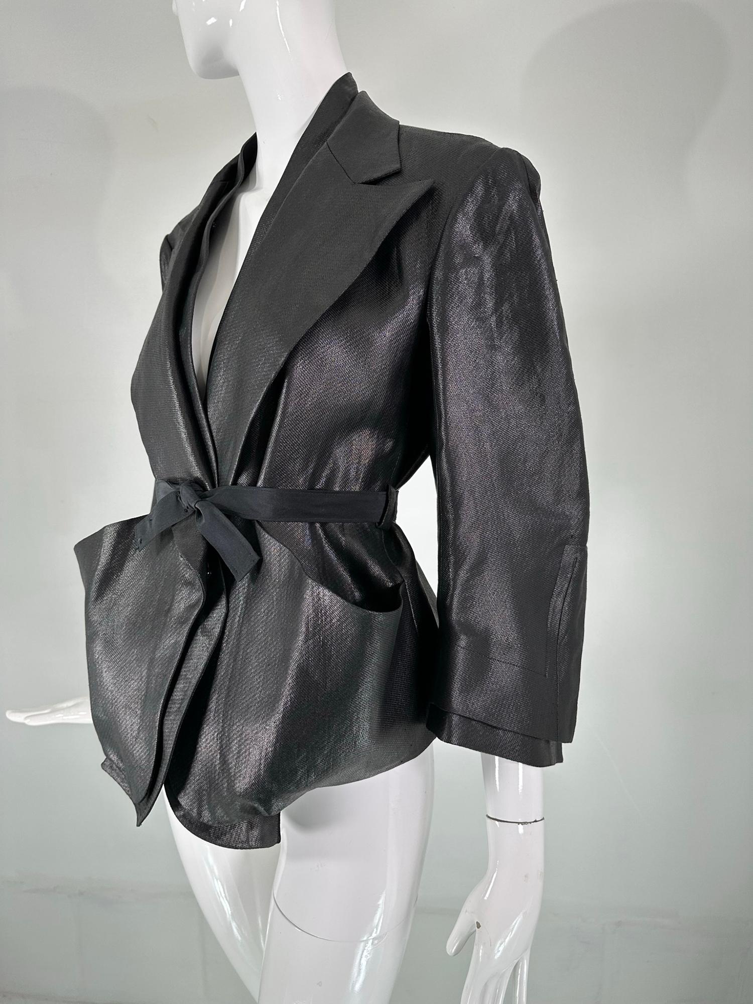 Sonia Rykiel Black Glazed Linen Big Pocket Button Facing Belted Cropped Jacket In Good Condition For Sale In West Palm Beach, FL