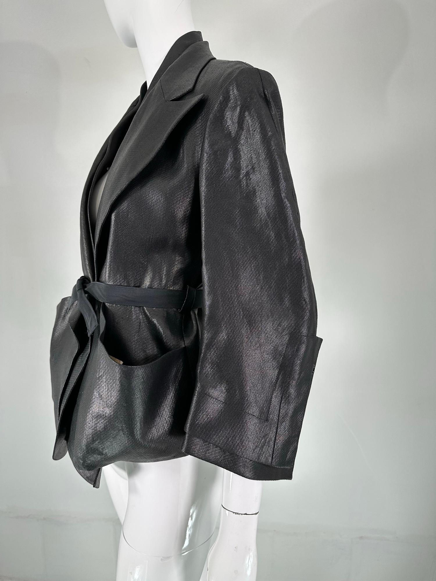 Women's Sonia Rykiel Black Glazed Linen Big Pocket Button Facing Belted Cropped Jacket For Sale