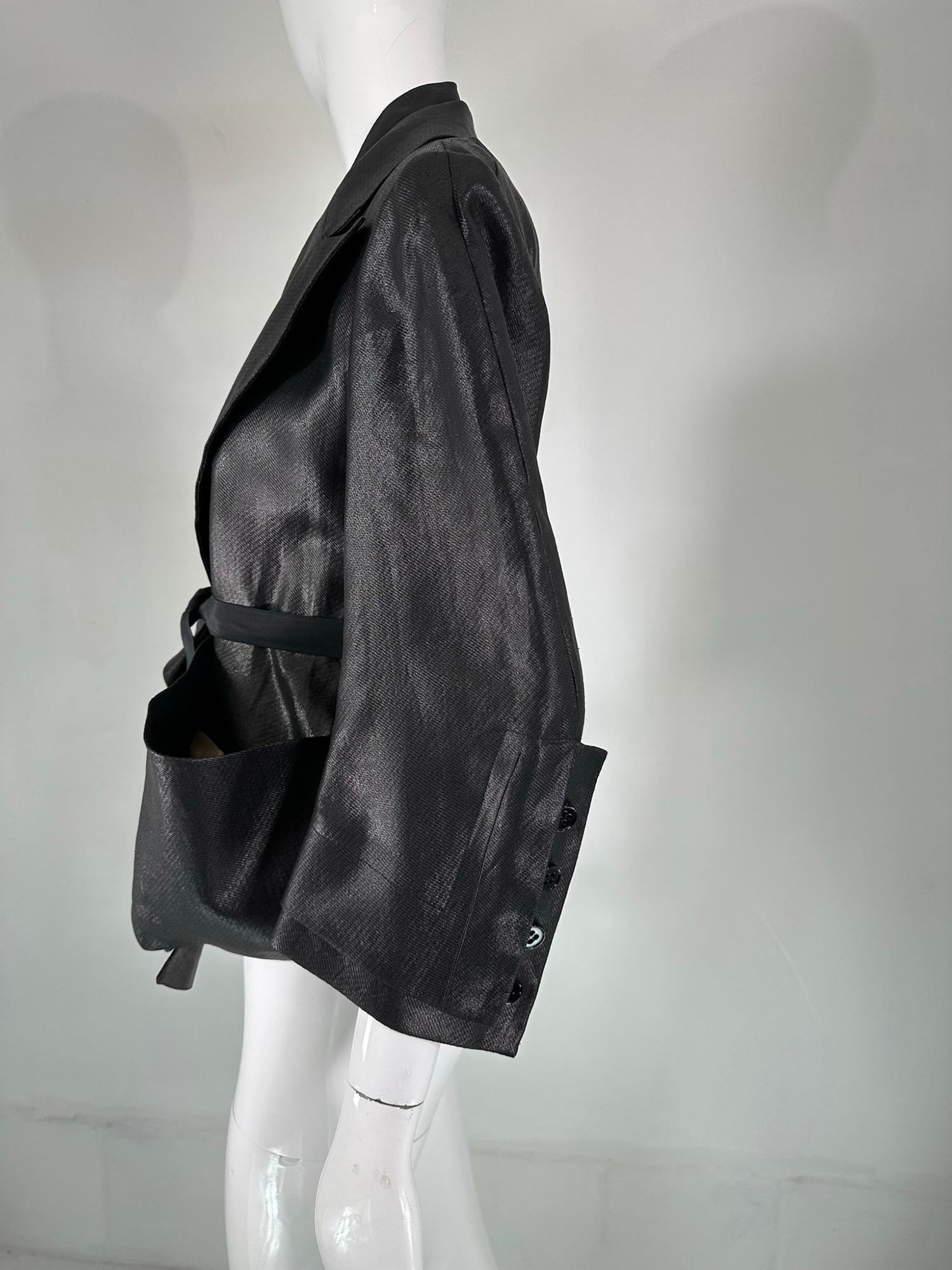 Sonia Rykiel Black Glazed Linen Big Pocket Button Facing Belted Cropped Jacket For Sale 1