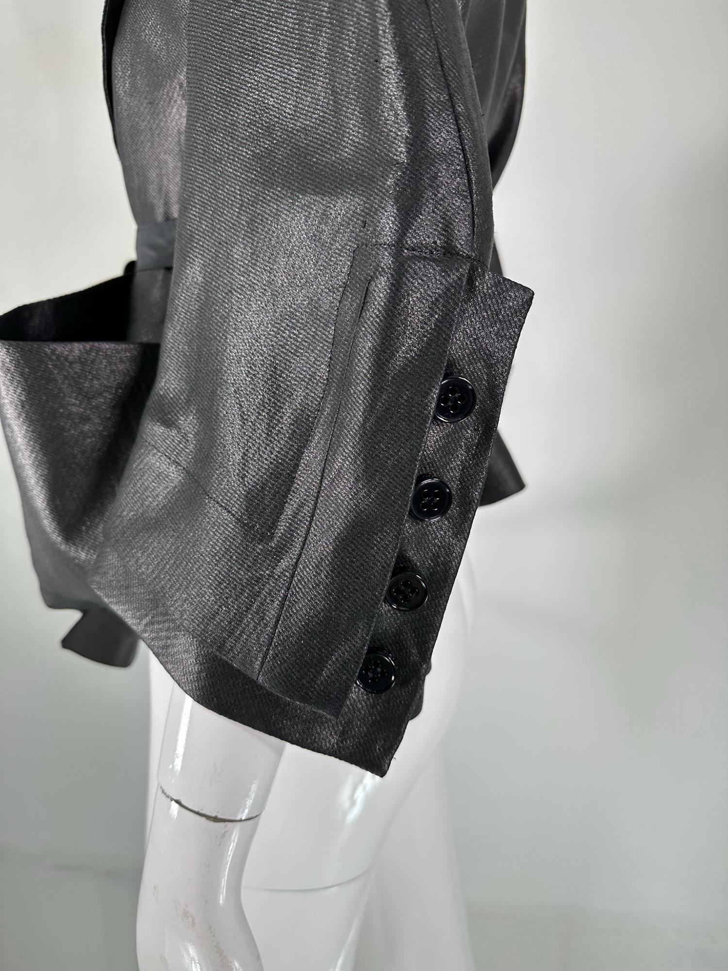 Sonia Rykiel Black Glazed Linen Big Pocket Button Facing Belted Cropped Jacket For Sale 2