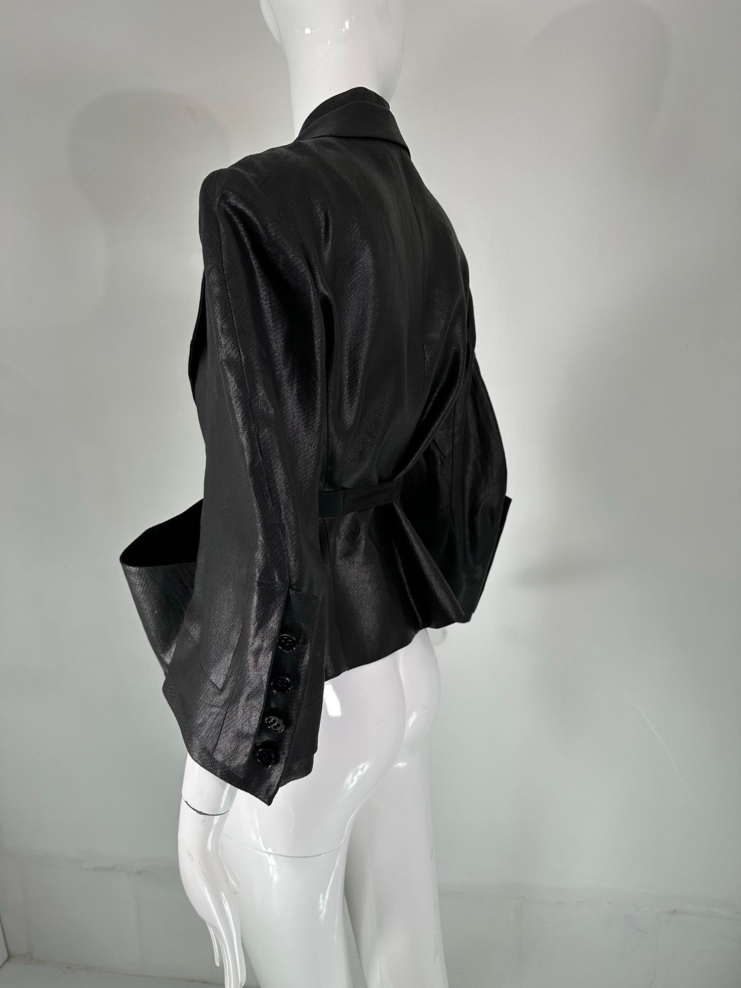 Sonia Rykiel Black Glazed Linen Big Pocket Button Facing Belted Cropped Jacket For Sale 3