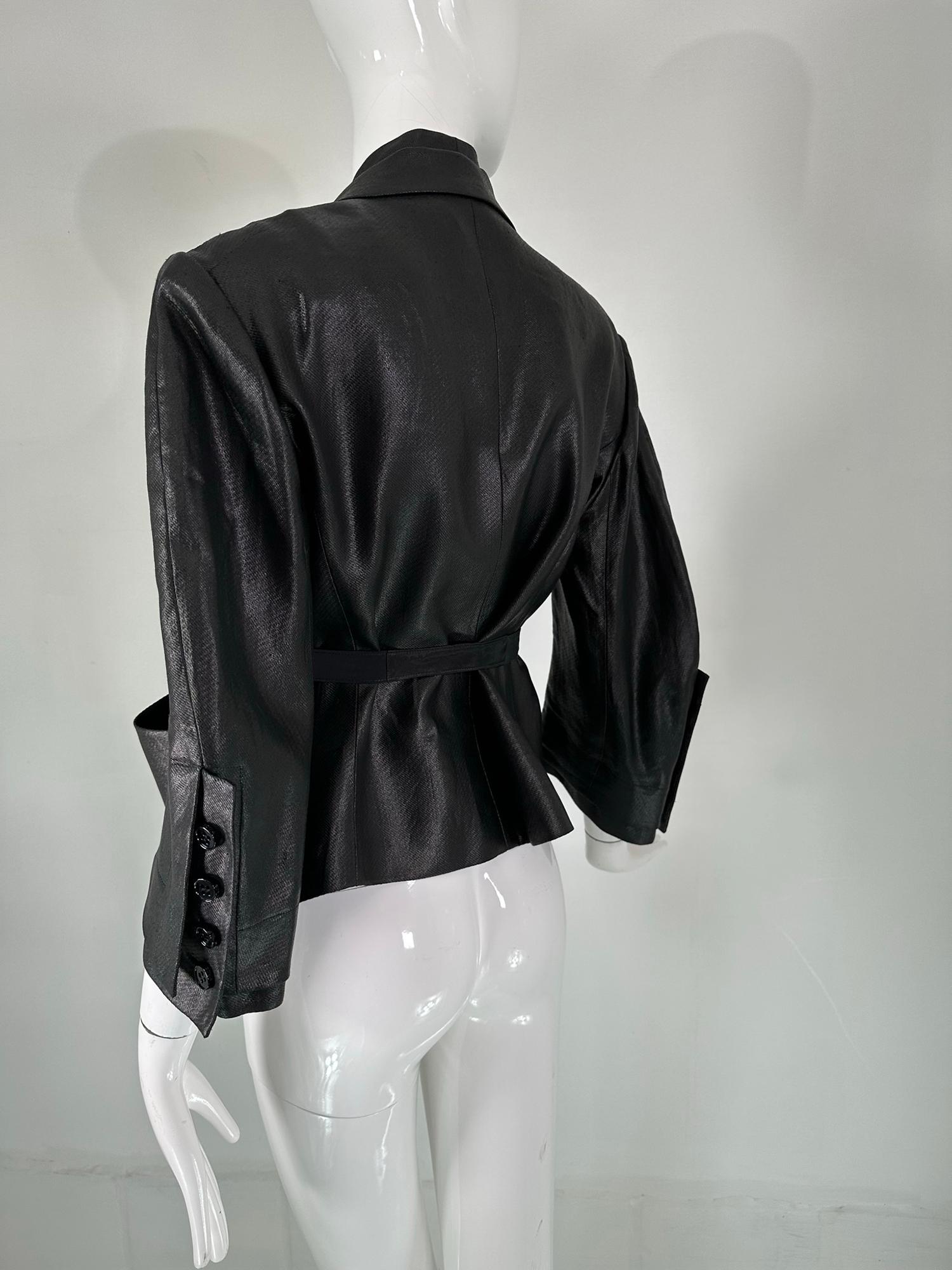 Sonia Rykiel Black Glazed Linen Big Pocket Button Facing Belted Cropped Jacket For Sale 4