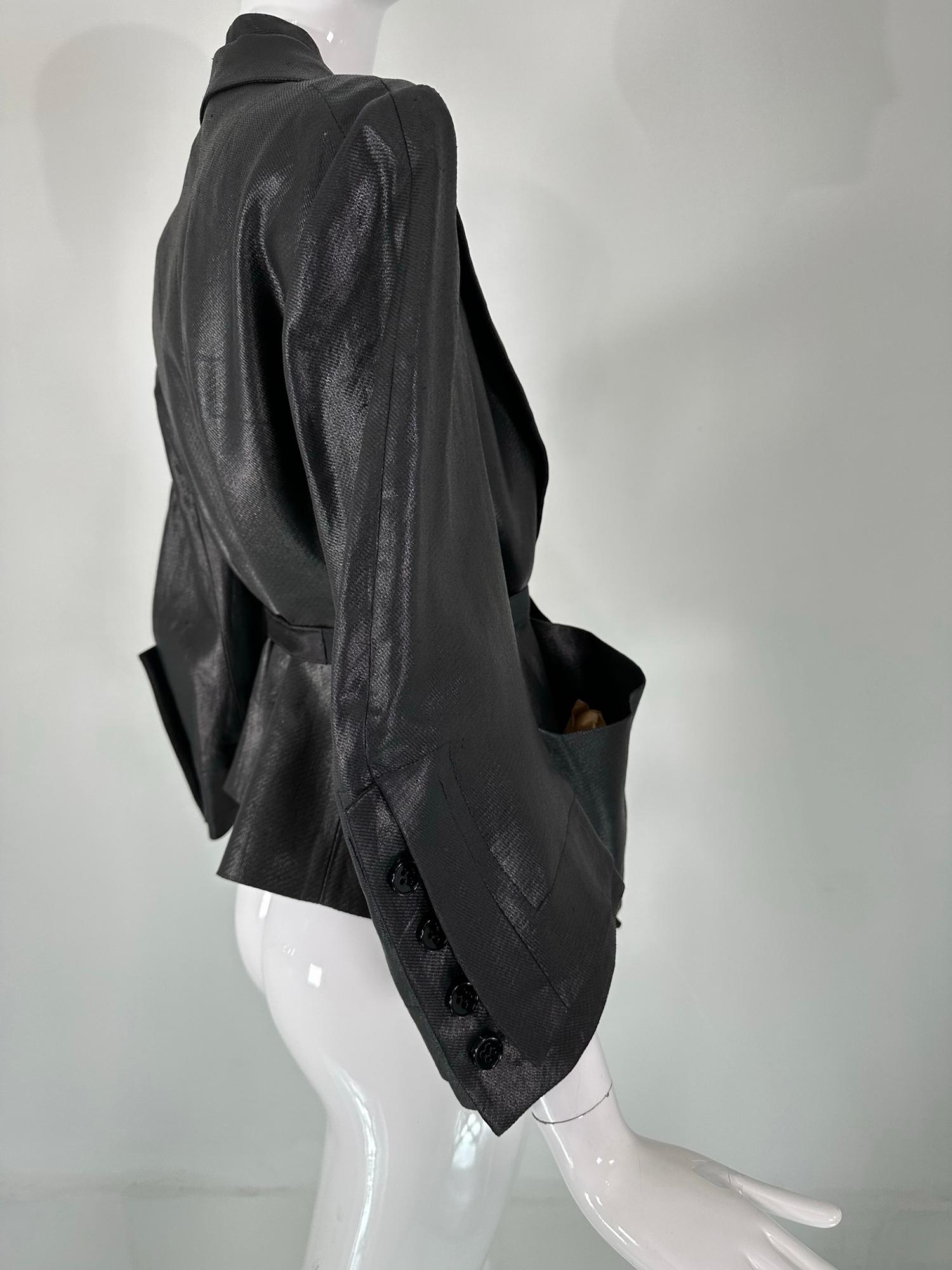 Sonia Rykiel Black Glazed Linen Big Pocket Button Facing Belted Cropped Jacket For Sale 5