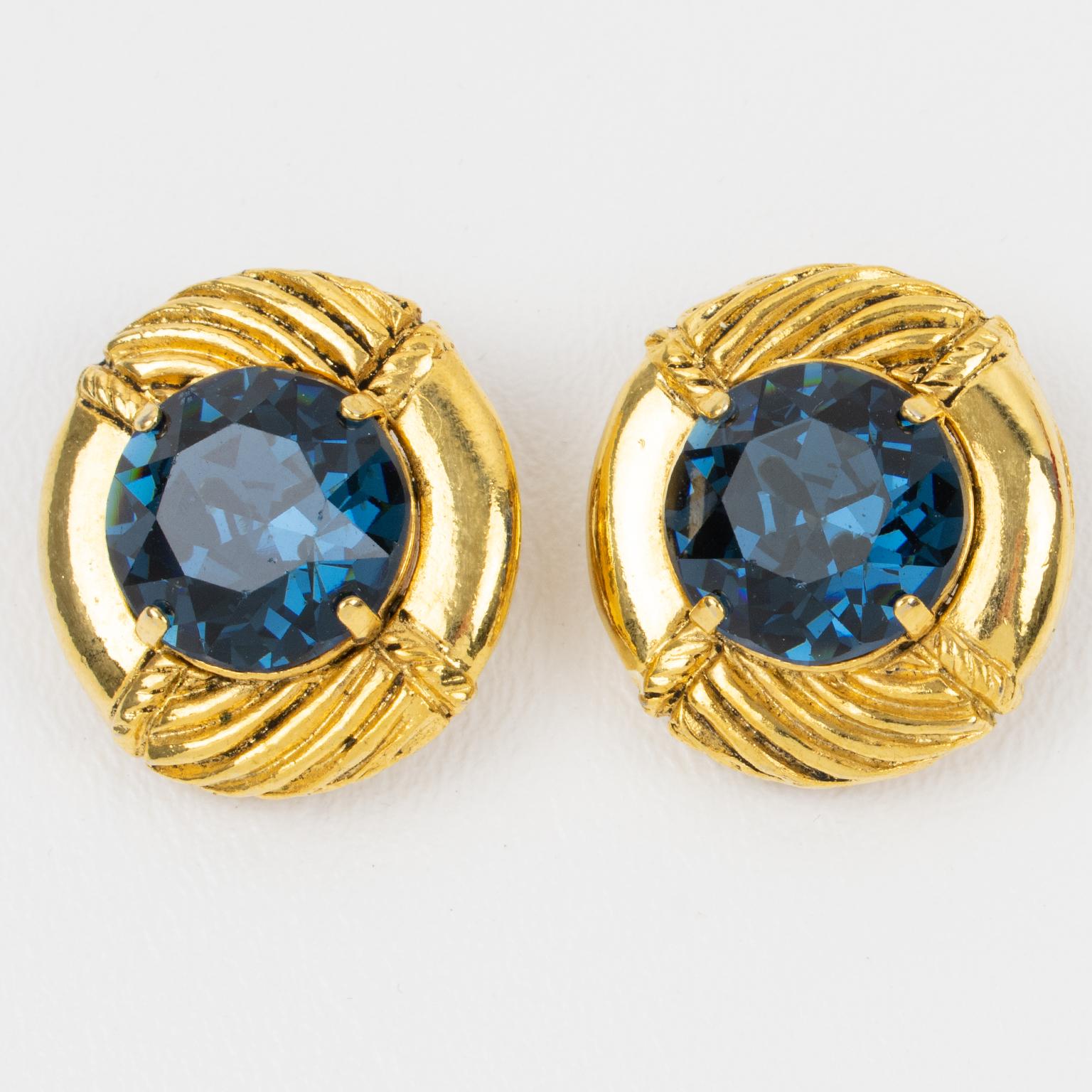 Modern Sonia Rykiel Clip Earrings Gilded Metal and Blue Crystal Rhinestones For Sale