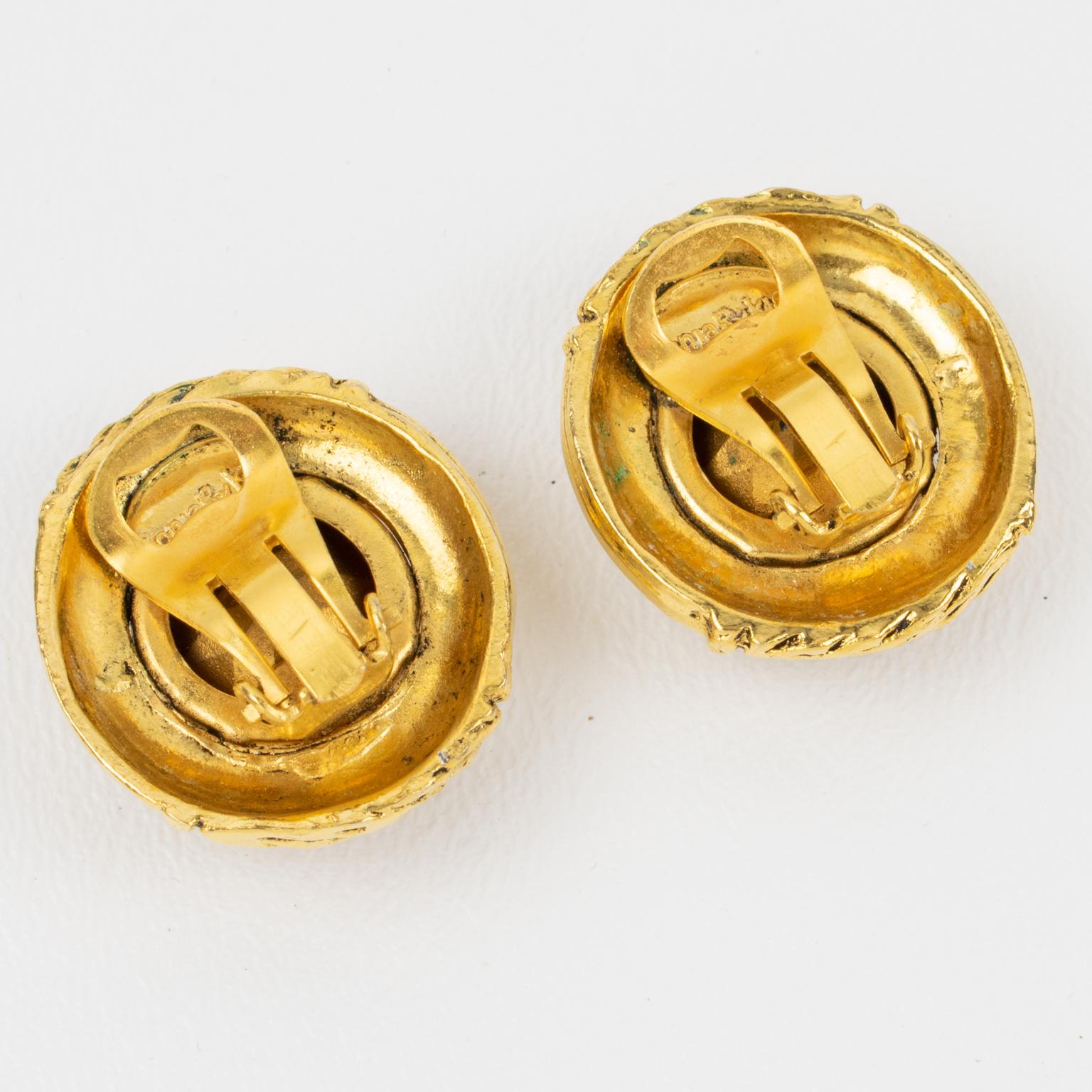 Sonia Rykiel Clip Earrings Gilded Metal and Blue Crystal Rhinestones In Excellent Condition For Sale In Atlanta, GA