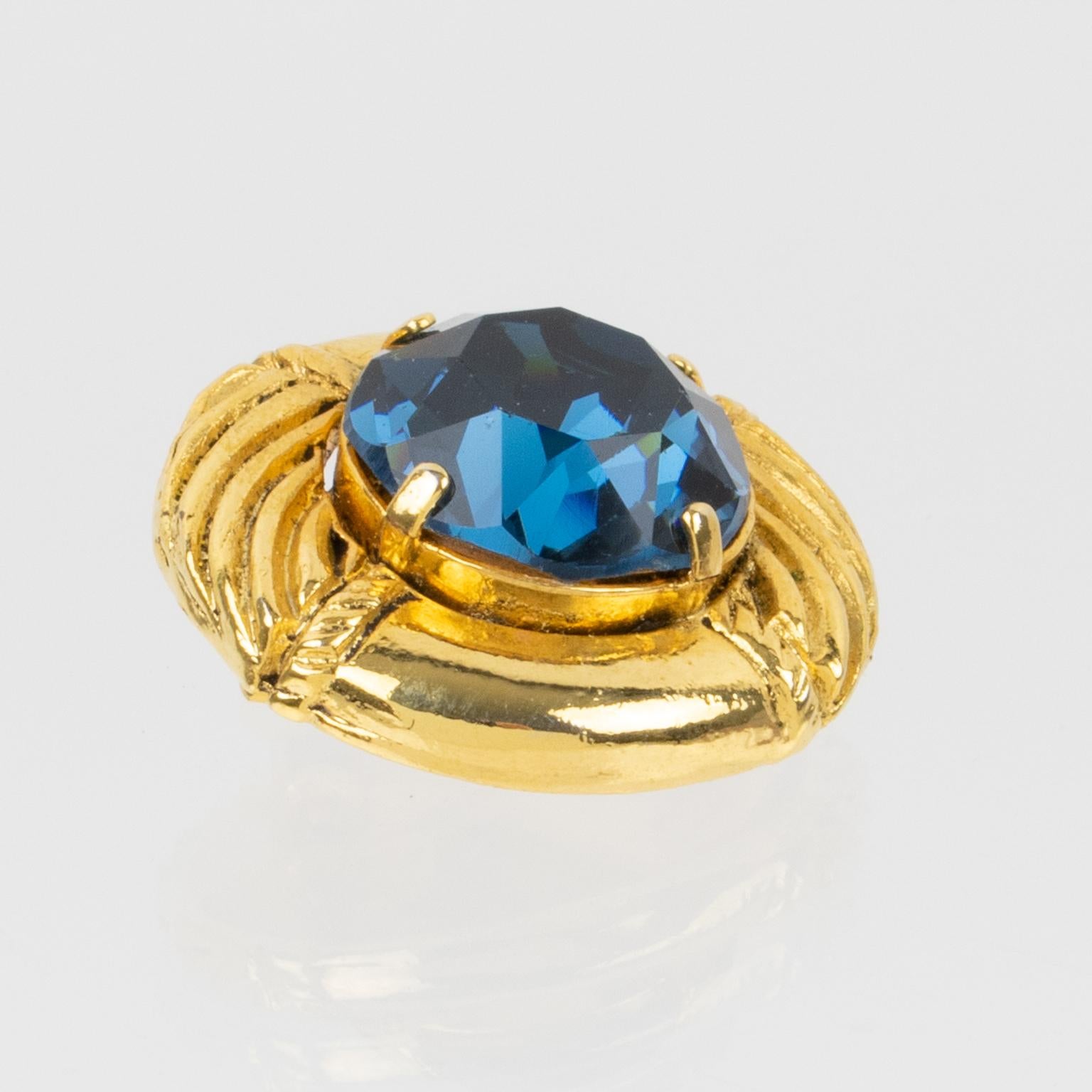 Sonia Rykiel Clip Earrings Gilded Metal and Blue Crystal Rhinestones For Sale 1
