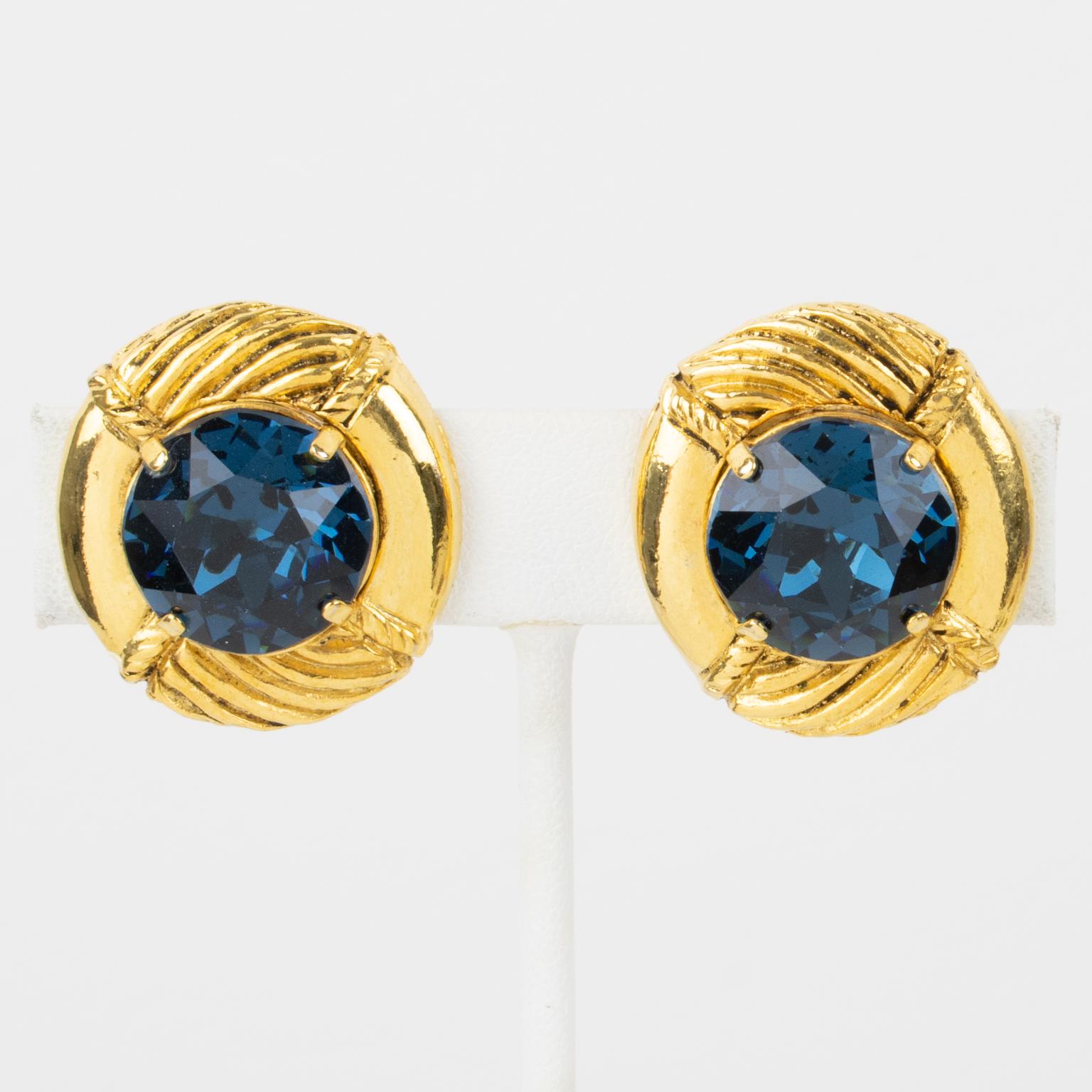 Sonia Rykiel Clip Earrings Gilded Metal and Blue Crystal Rhinestones For Sale 2