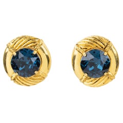 Sonia Rykiel - Boucles d'oreilles à clip en métal doré et strass de cristal bleu