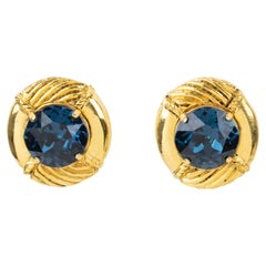 Sonia Rykiel - Boucles d'oreilles à clip en métal doré et strass de cristal bleu