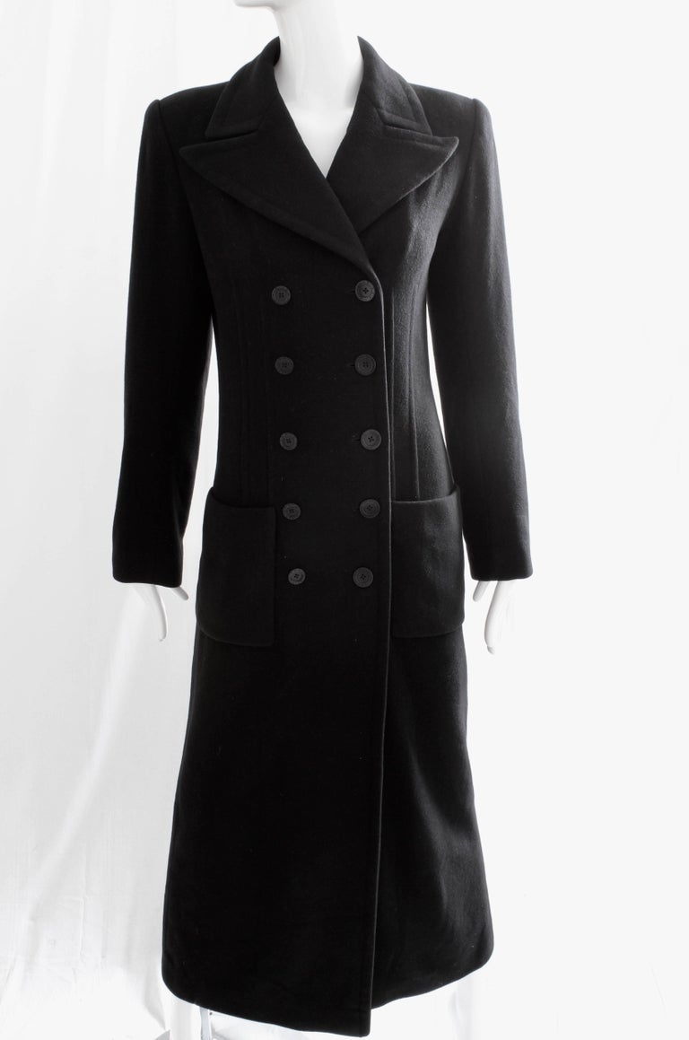 Women's Sonia Rykiel Coat Black Cashmere Double Breasted Long Trench Style Sz 38 Vintage For Sale