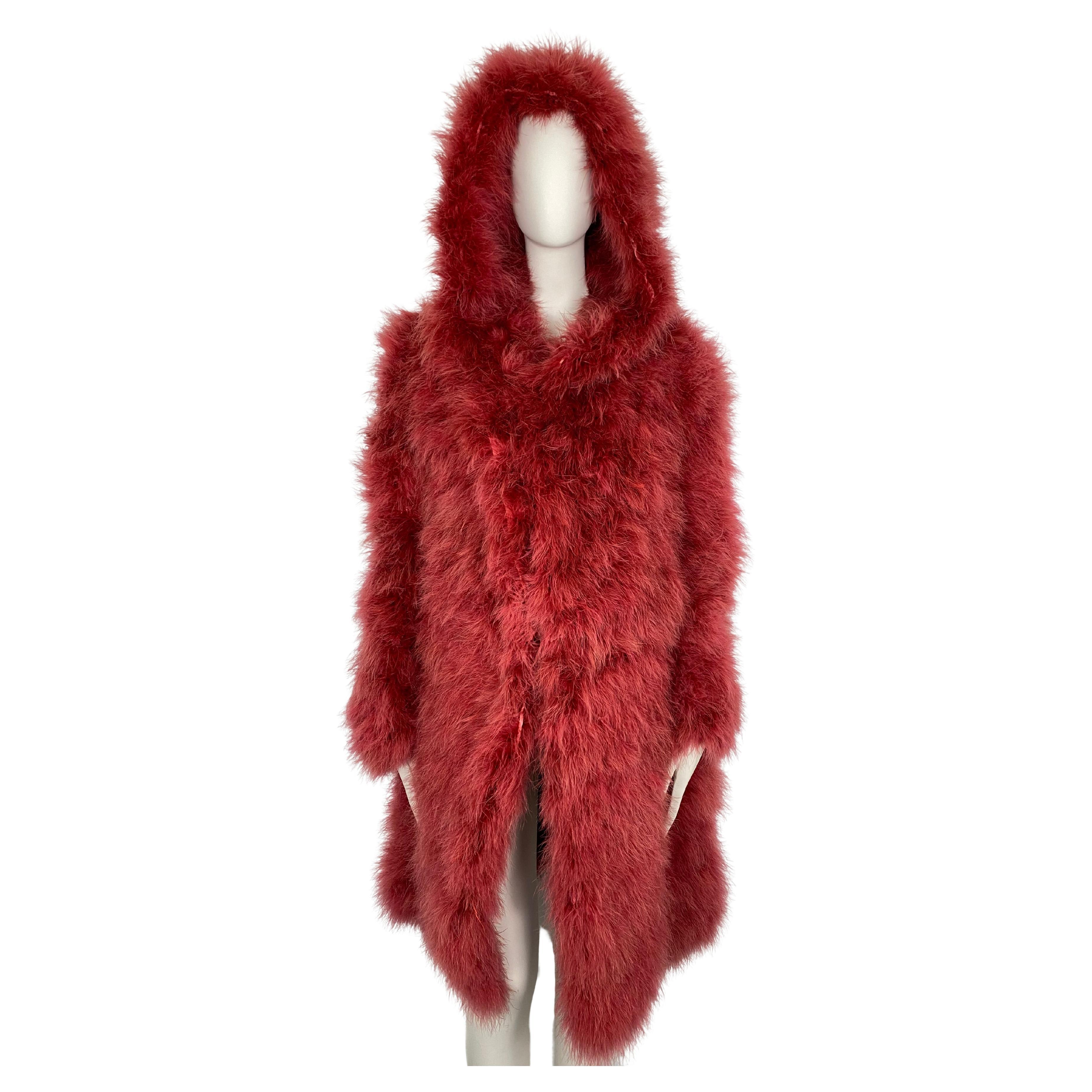 SONIA RYKIEL Coral Emu Feather Coat with Hood For Sale