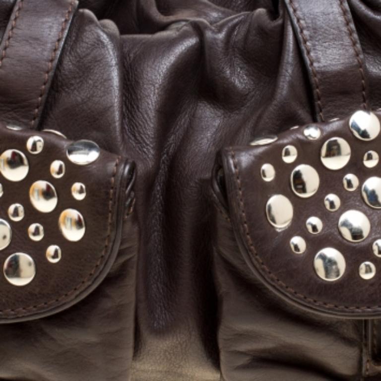 Sonia Rykiel Cartera de piel marrón oscuro con tachuelas en venta 5
