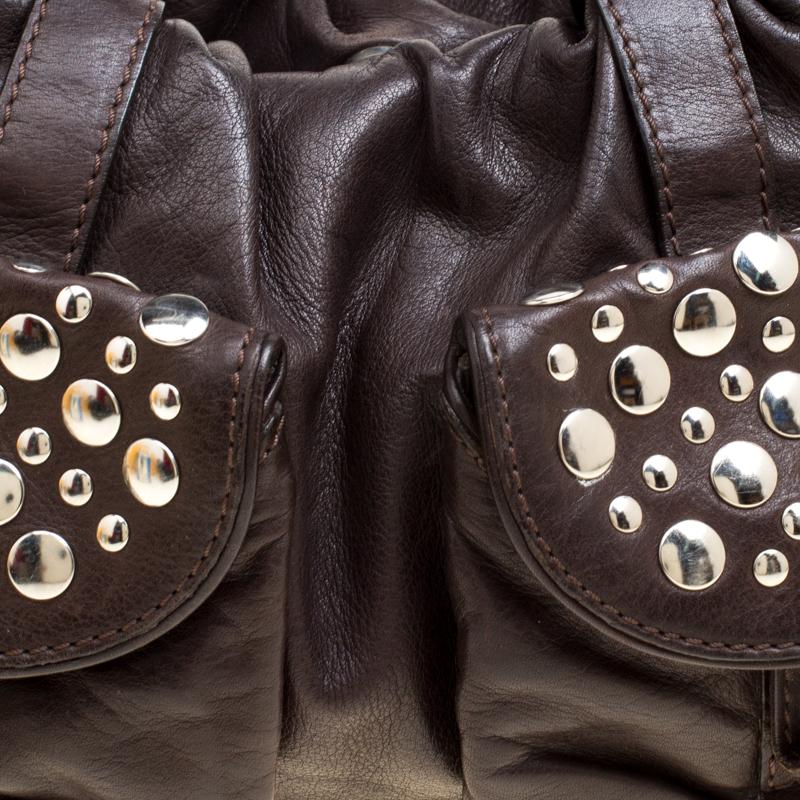 Women's Sonia Rykiel Dark Brown Leather Studded Satchel For Sale