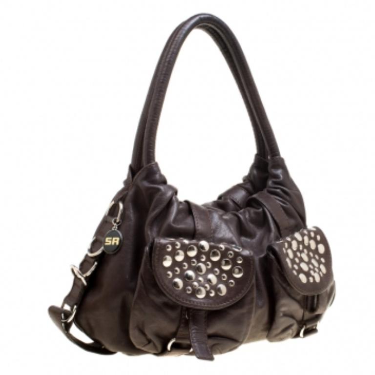 Sonia Rykiel Cartera de piel marrón oscuro con tachuelas en venta 4