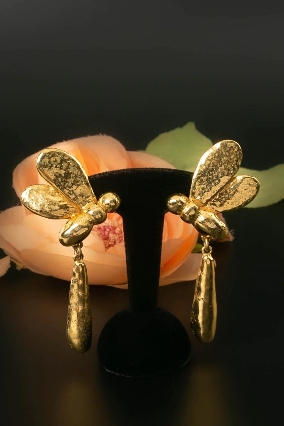 Sonia Rykiel Dragonfly Clip-on Earrings in Gilded Metal For Sale 2
