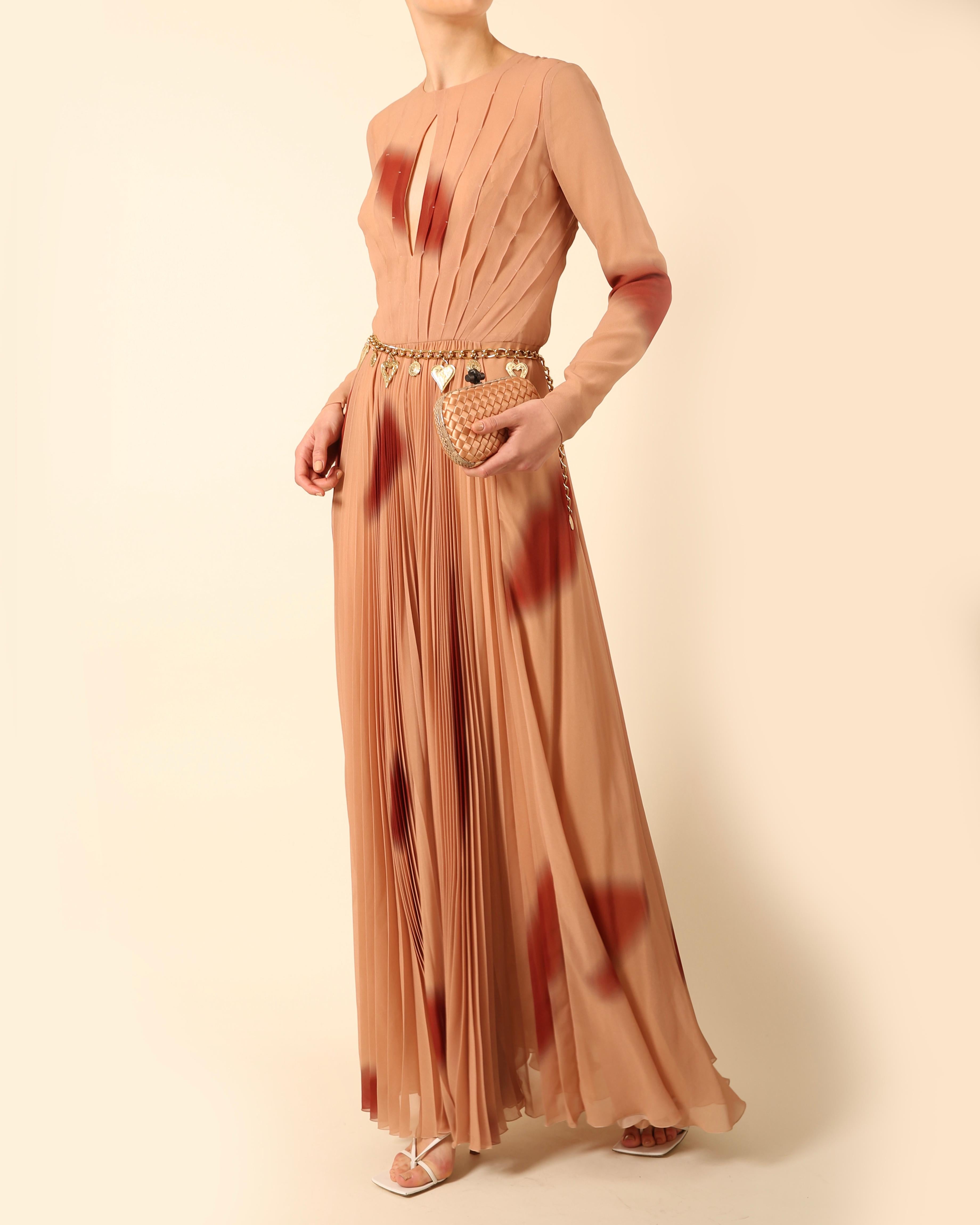 Sonia Rykiel dusky pink burgundy abstract print plisse pleated maxi dress gown In Excellent Condition In Milano, Lombardia