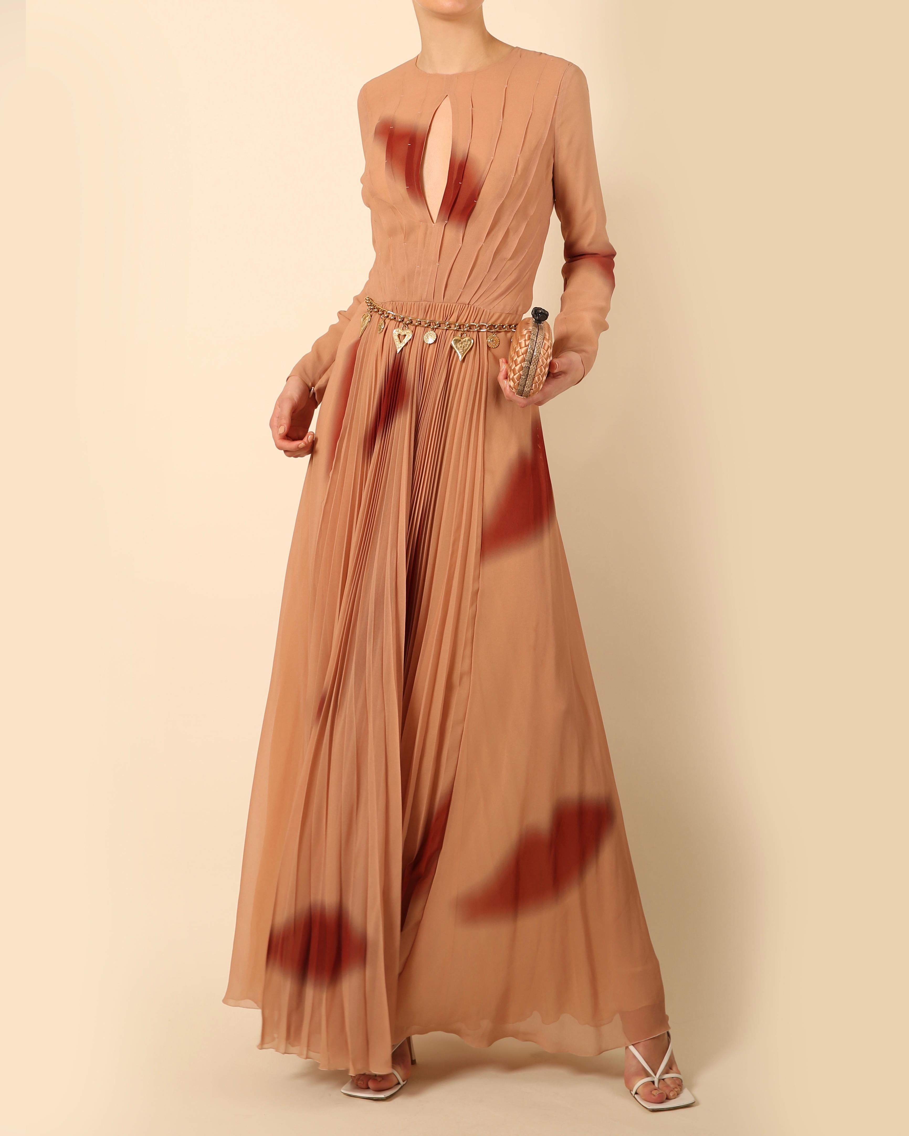 Women's Sonia Rykiel dusky pink burgundy abstract print plisse pleated maxi dress gown