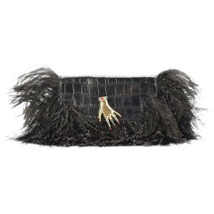 Sonia Rykiel Feather Trimmed Croc Effect Leather Clutch