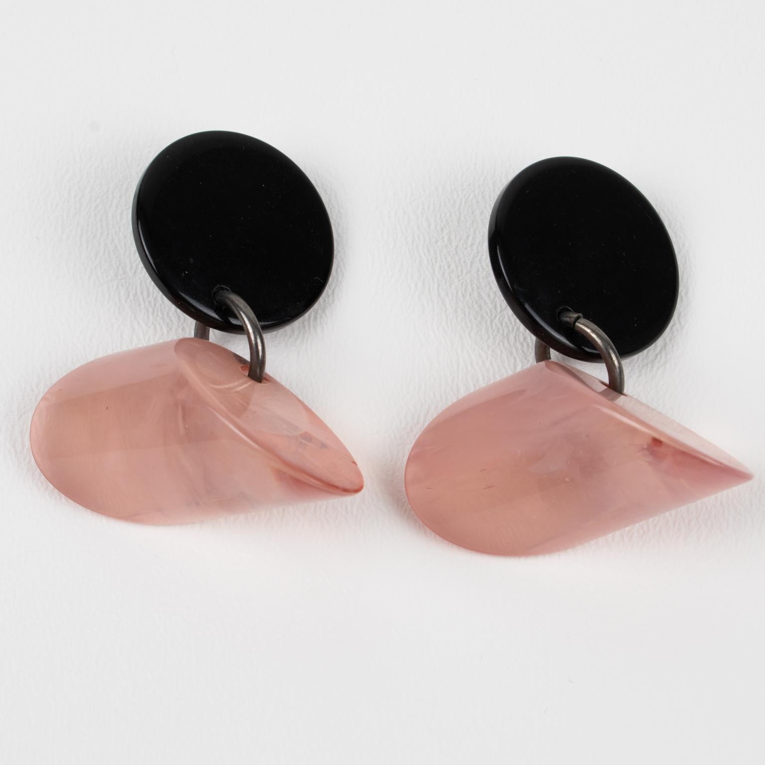 Women's or Men's Sonia Rykiel Geometric Dangle Clip Earrings Black and Pink Resin For Sale