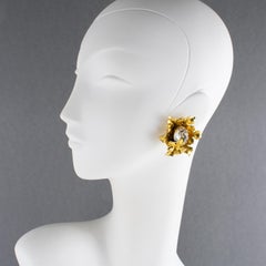 Sonia Rykiel - Boucles d'oreilles clip feuilles en métal doré et cristal
