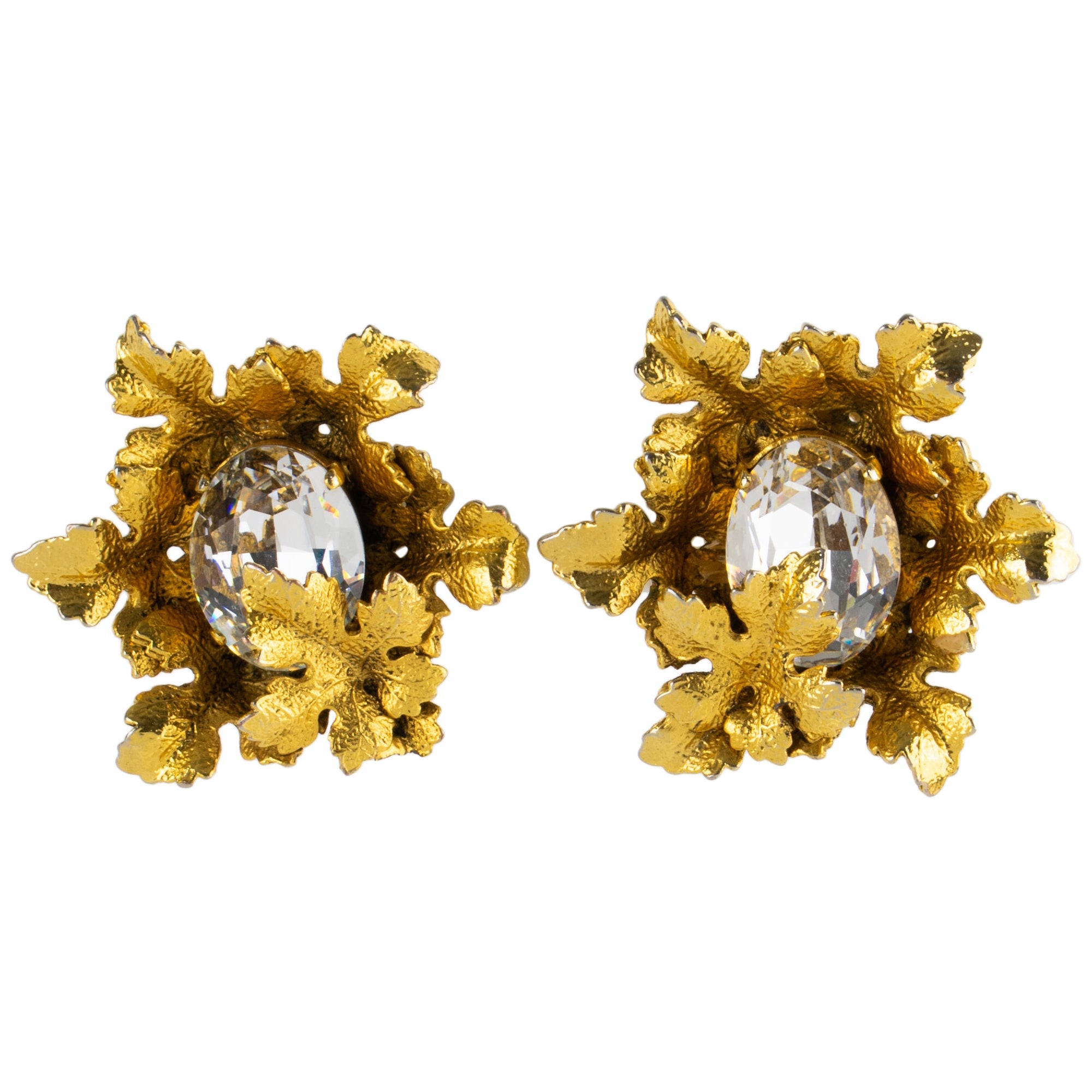 Sonia Rykiel - Boucles d'oreilles clip feuilles en métal doré et cristal
