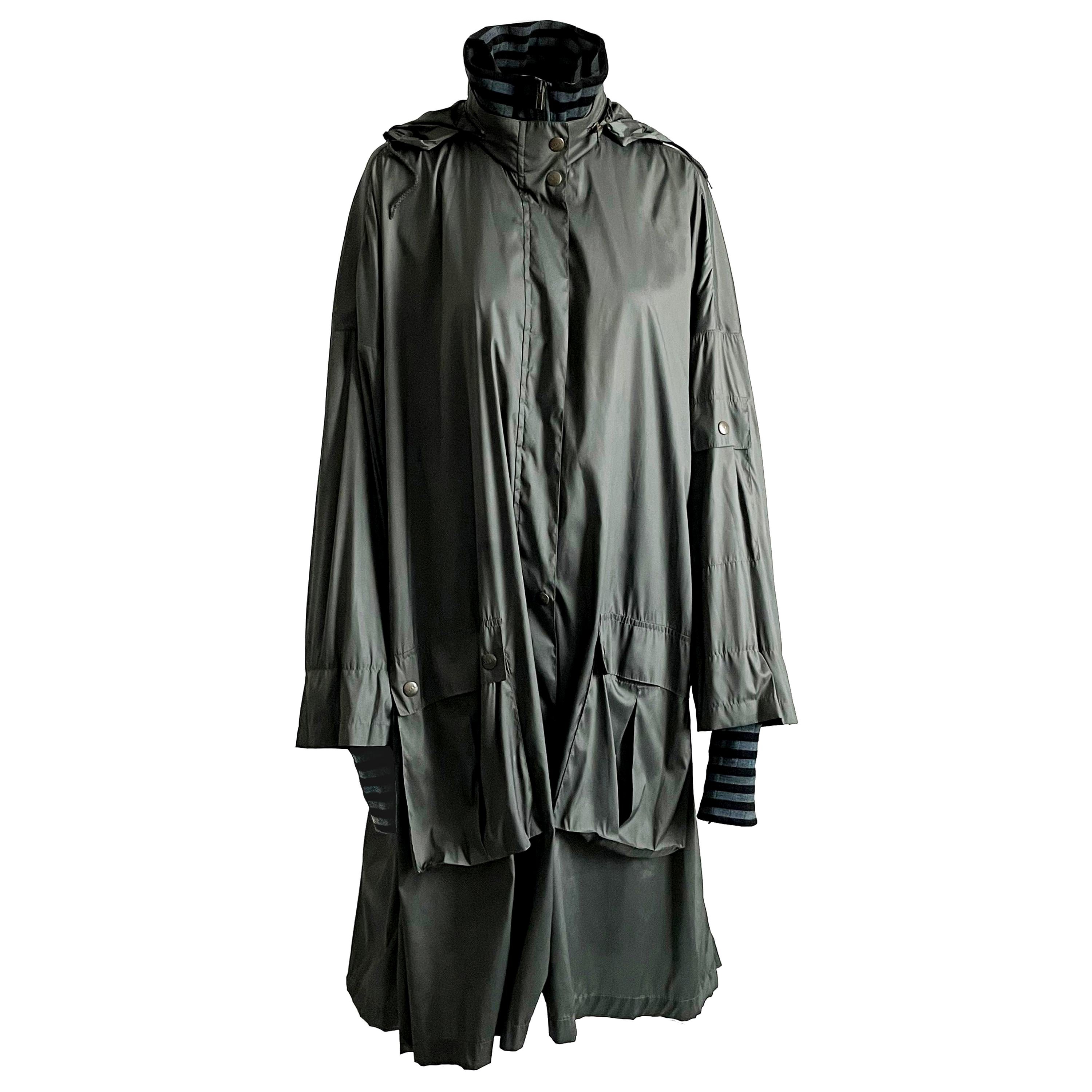 Manteau de pluie à capuche, col et manches en laine rayé Sonia Rykiel, années 1990 en vente