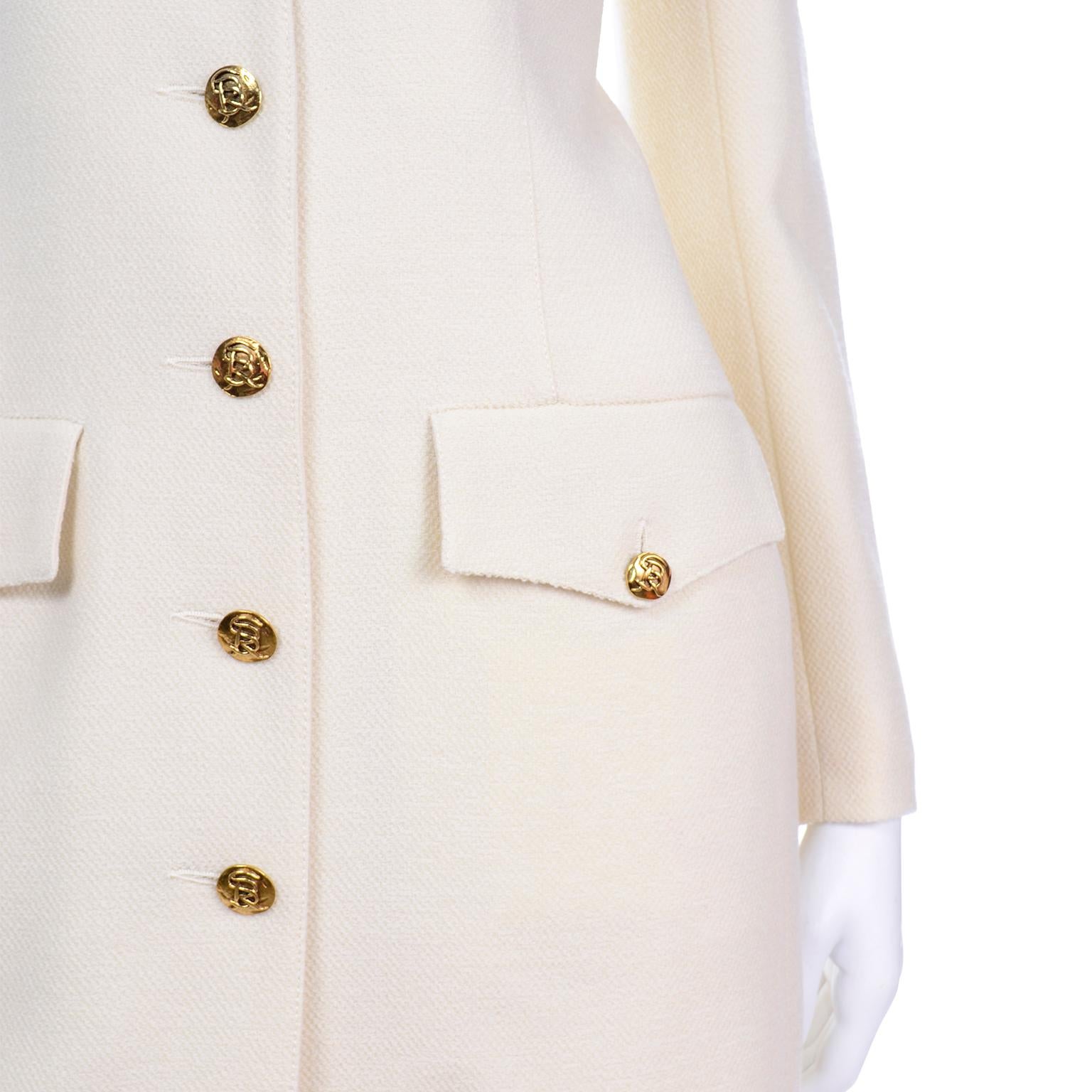 Sonia Rykiel Ivory Trouser Suit W Longline Blazer Jacket & High Waisted Pants In Excellent Condition In Portland, OR