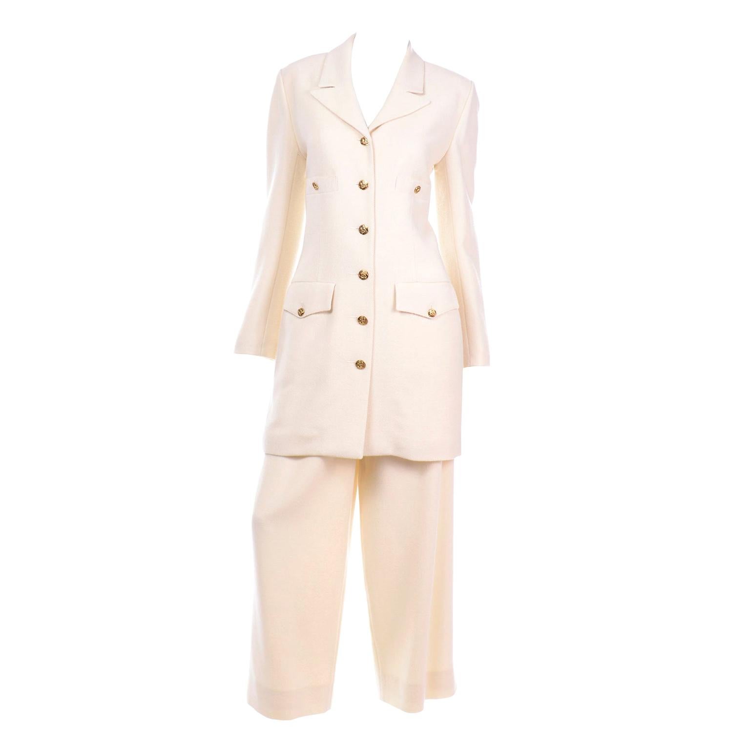 Sonia Rykiel Ivory Trouser Suit W Longline Blazer Jacket & High Waisted Pants