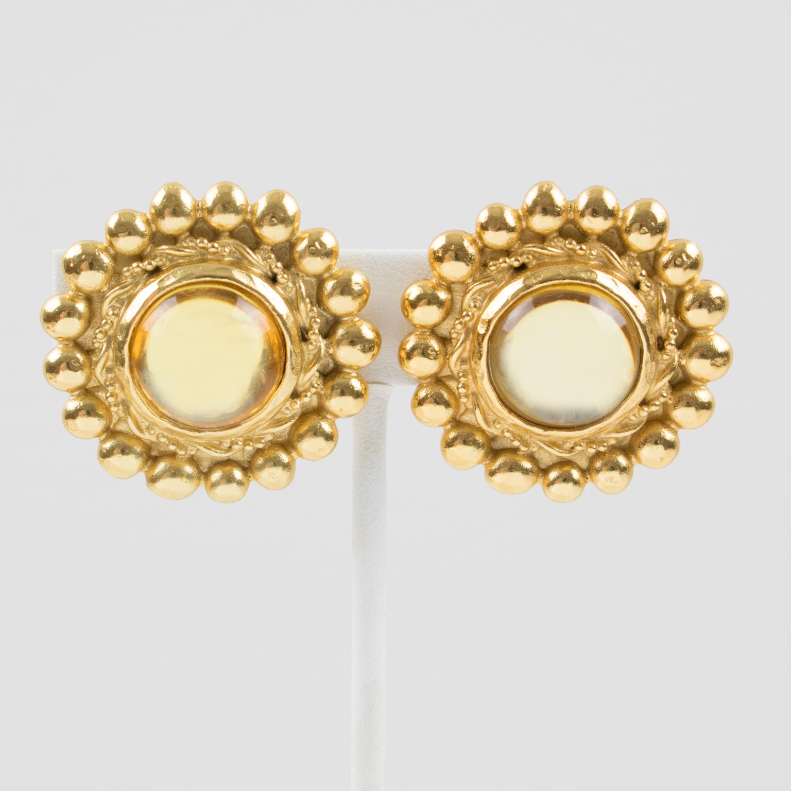 Modern Sonia Rykiel Jeweled Clip Earrings with Yellow Resin Cabochons For Sale