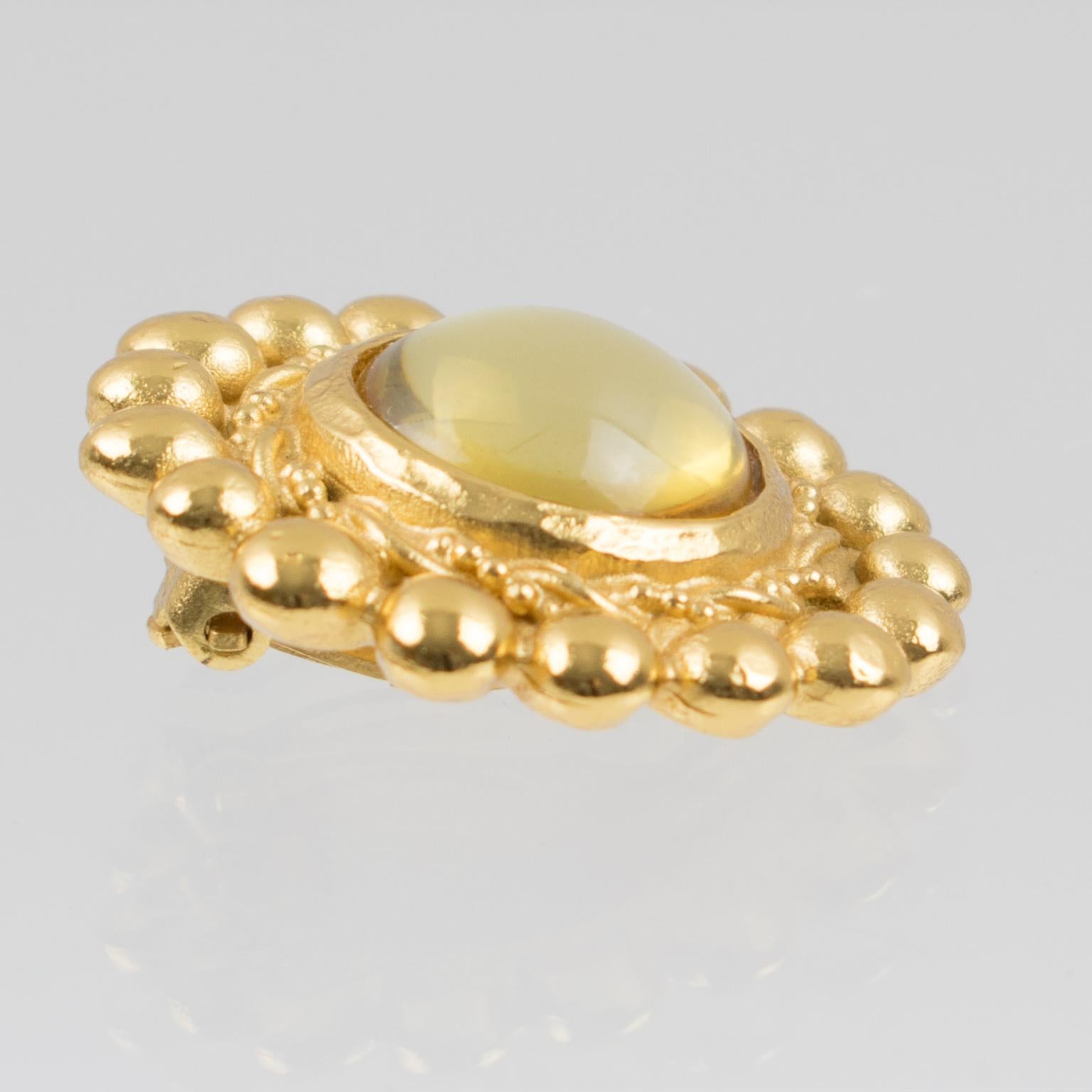 Sonia Rykiel Jeweled Clip Earrings with Yellow Resin Cabochons For Sale 1
