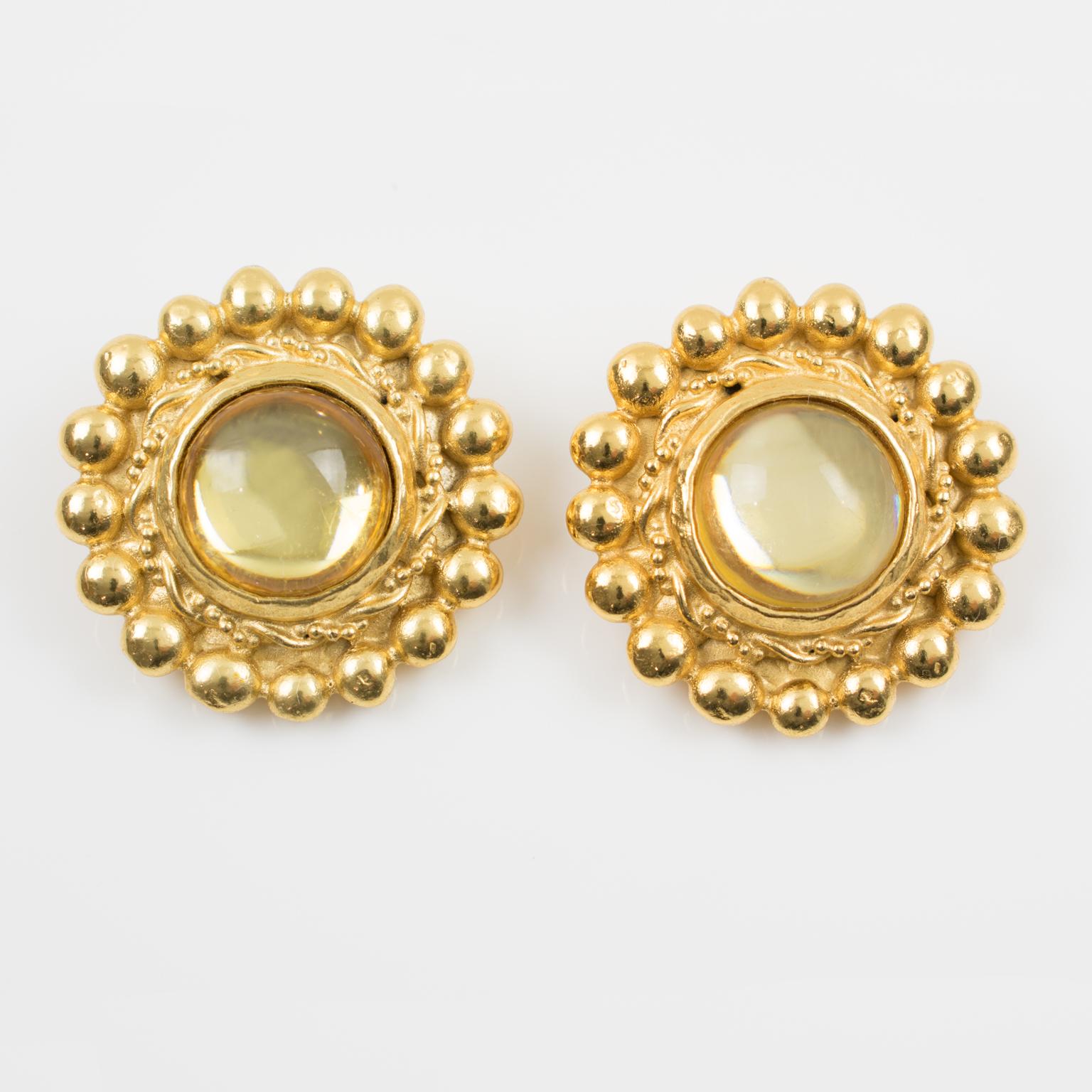 Sonia Rykiel Jeweled Clip Earrings with Yellow Resin Cabochons For Sale 3