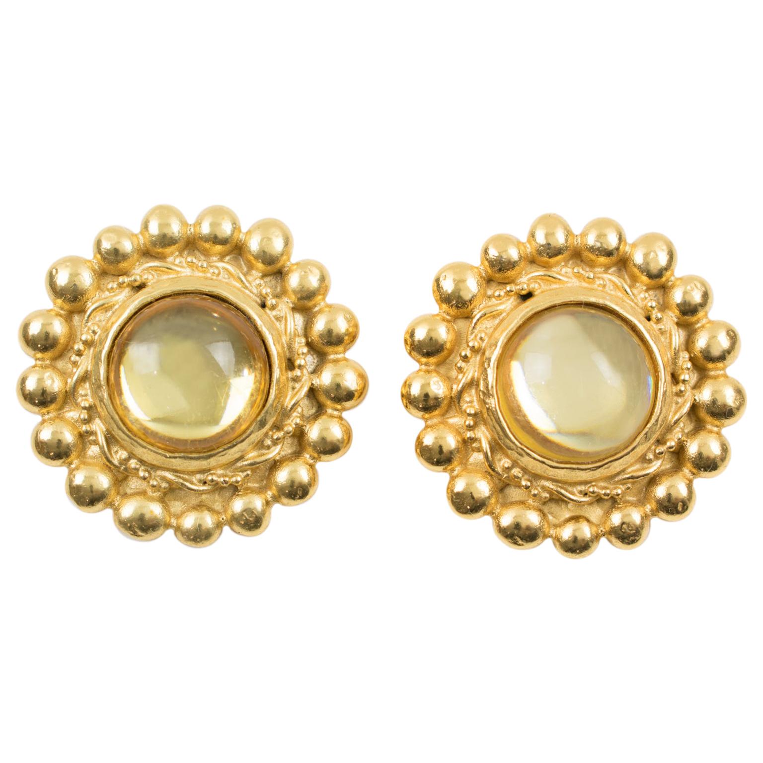Sonia Rykiel Jeweled Clip Earrings with Yellow Resin Cabochons For Sale