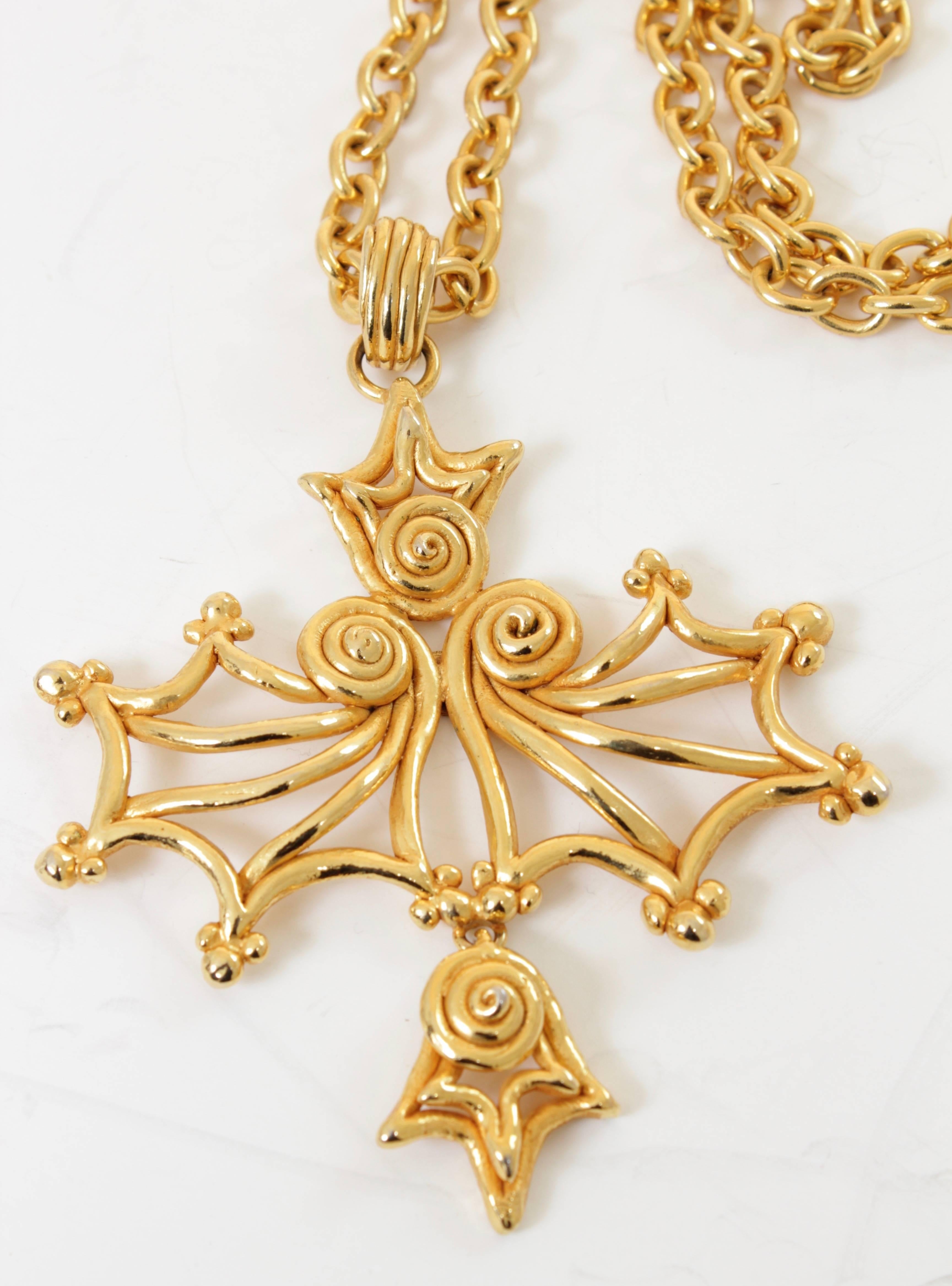 Women's Sonia Rykiel Massive Pendant Statement Necklace Long Chunky Chain Gold Metal 80s