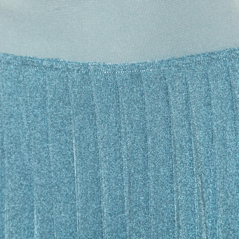 Women's Sonia Rykiel Metallic Blue Ribbed Waist Pleated Midi Skirt S