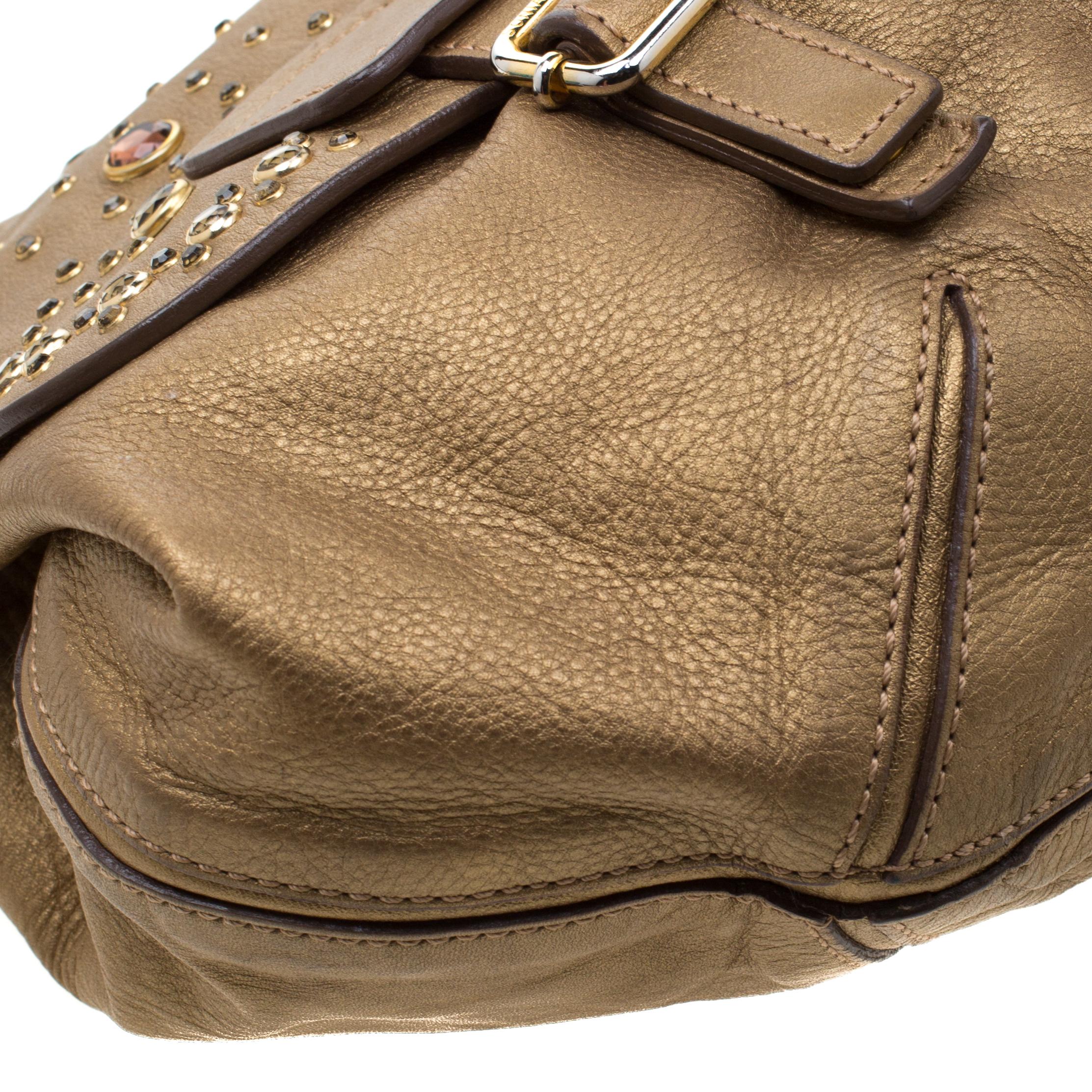 Brown Sonia Rykiel Metallic Gold Leather Studded Shoulder Bag For Sale